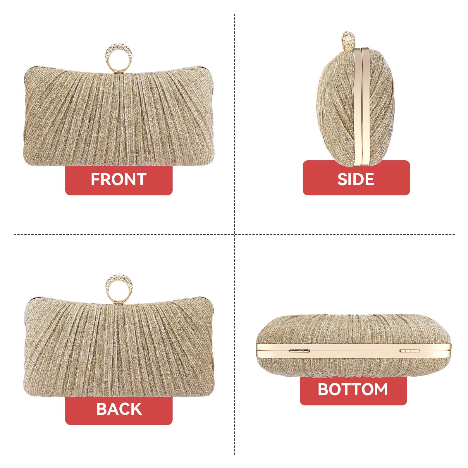 Simcat Women's Gold Glitter Clutch Purse - Elegant Pleated Evening Handbag for Formal Events, Bridal Wedding, Prom & Special Occasions | Perfect for Parties, Dinners & Date Nights