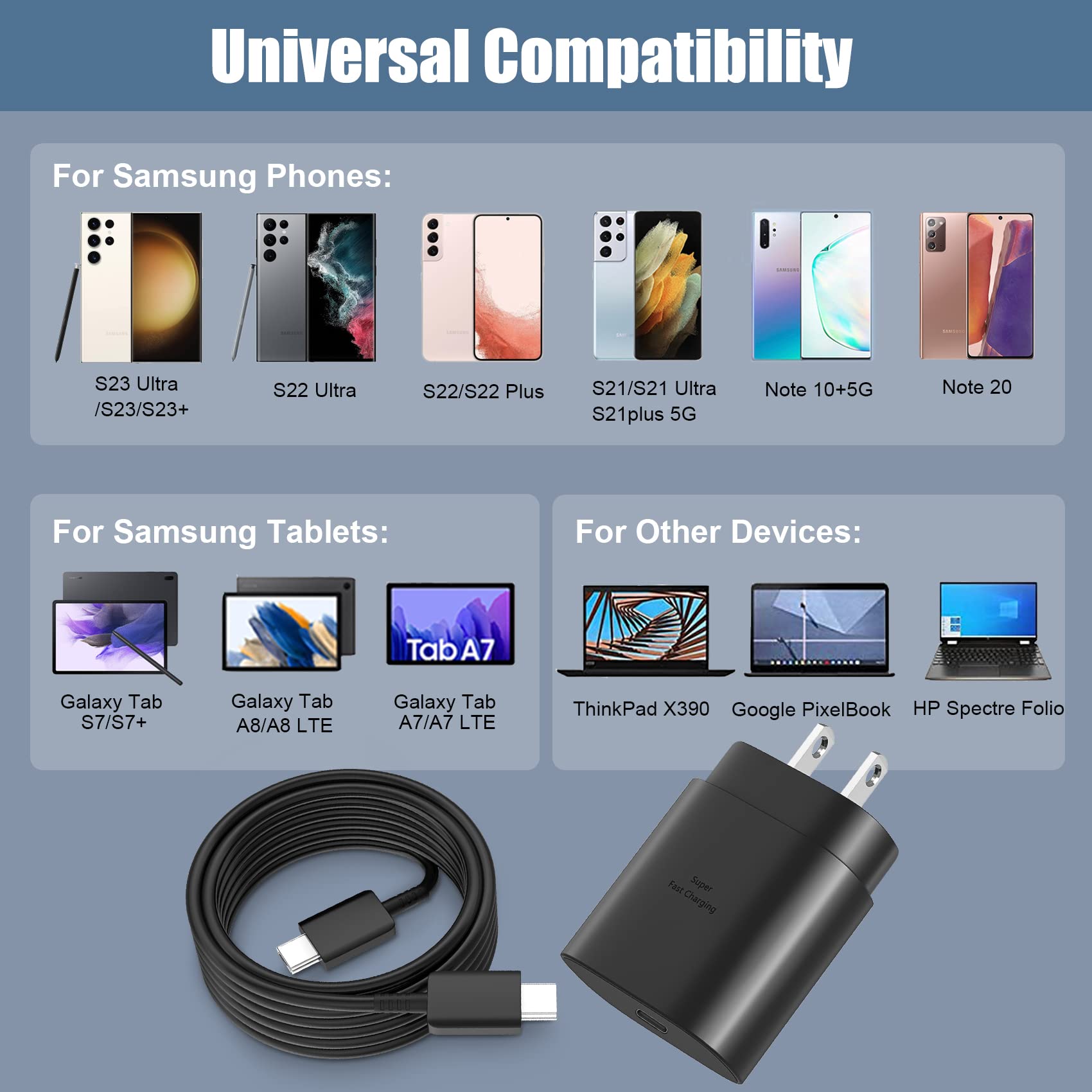 25W Fast Charger & 10Ft USB C Cable 2-Pack for Samsung Galaxy S25/S24/S23/S22/S21/S20/Plus/Ultra/FE - Super Fast Charging Block & Durable Cord for Home, Office & Travel