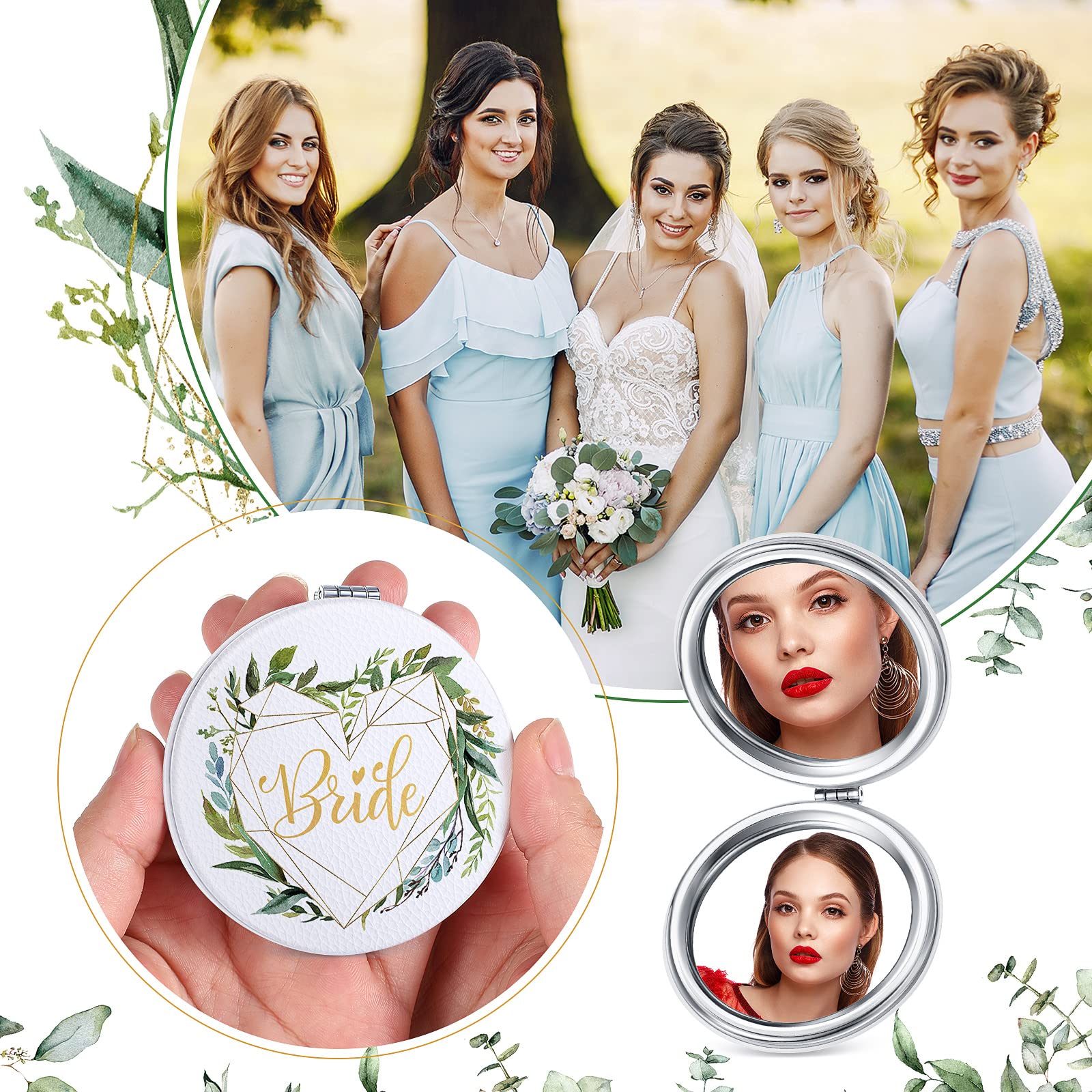8 Pack Bridesmaid Proposal Gifts - Floral Round PU Leather Compact Makeup Mirrors for Women, Perfect for Bridal Shower, Wedding & Maid of Honor Gifts (Great for Travel & Touch-Ups)