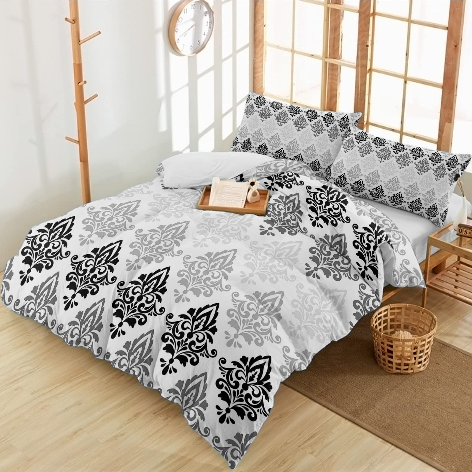 California King Duvet Cover Set 3-Piece - Black Floral Tile Texture Luxury Printed Comforter Cover with 2 Pillow Shams - Soft Gradient Bedding for Master Bedroom Decor | Perfect for Modern Home, Guest Room & Hotel Style Bedding