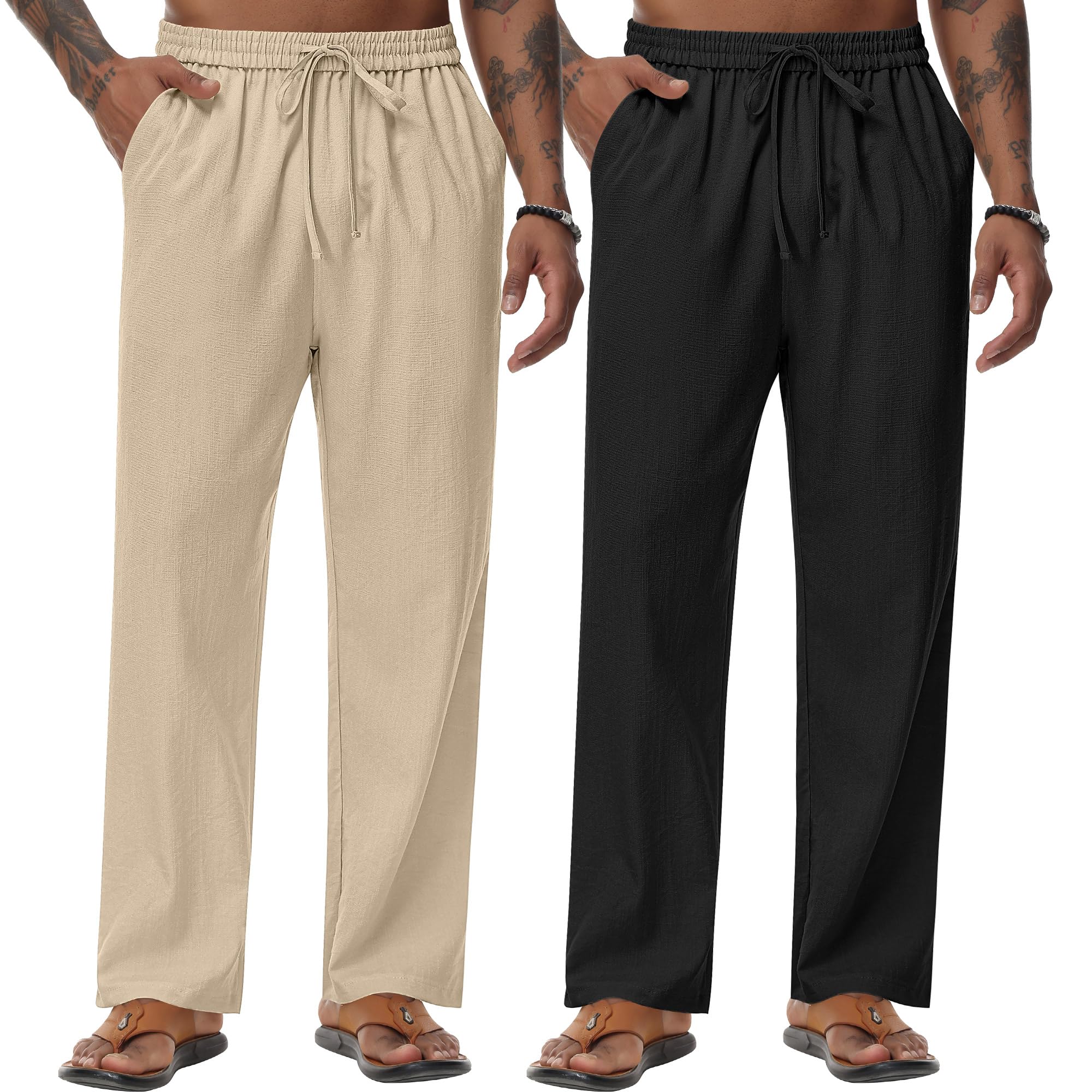 2 Pack Men's Linen Pants - Breathable Casual Pants with Pockets, Lightweight Elastic Waist Lounge Pants for Yoga, Travel & Home Wear | Summer Comfort Wear for Men