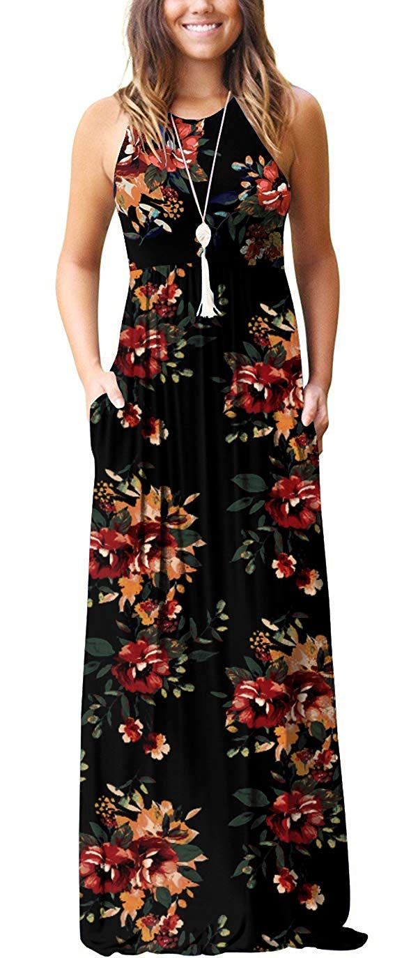 ZZER Women's Floral Racerback Loose Swing Maxi Dress - Casual Sleeveless Tunic with Pockets for Beach, Vacation & Summer Outfits