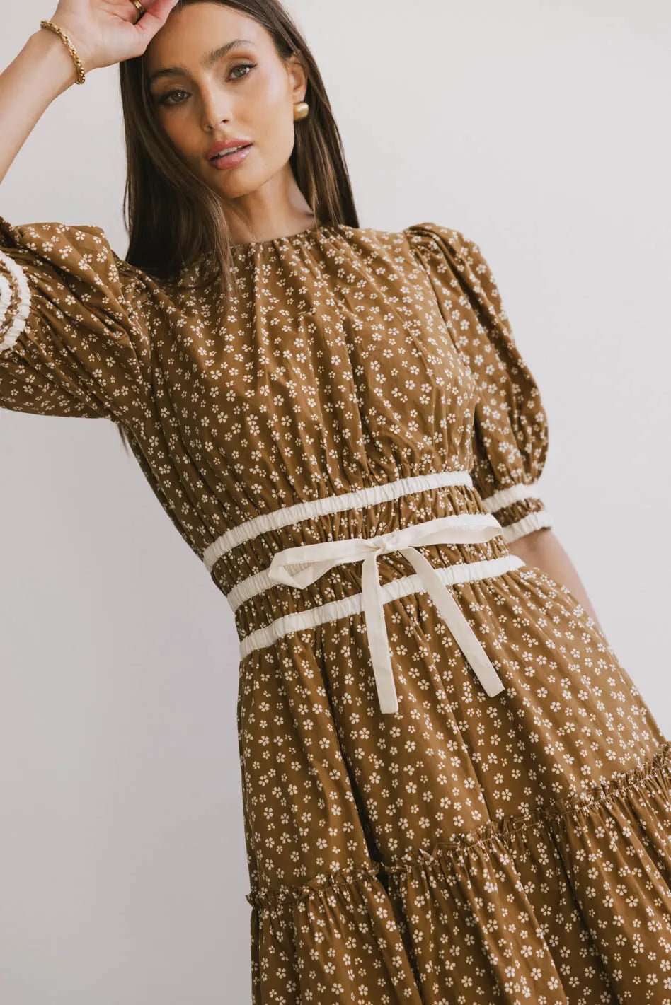 Kendra Ditsy Floral Midi Dress - Brown | Women's Casual Summer Dress for Beach, Wedding & Date Night | FINAL SALE