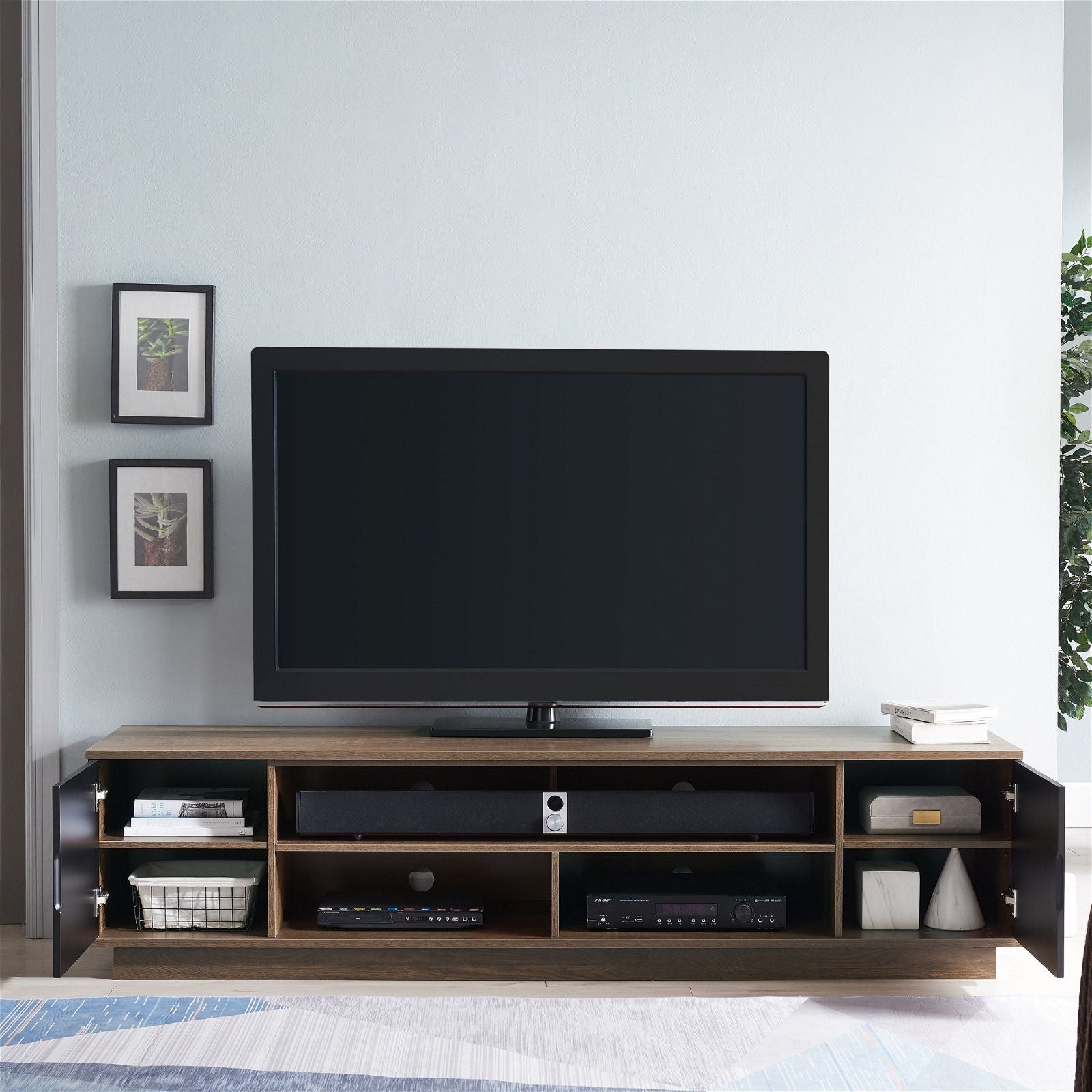 DELUX 200cm TV Stand with Storage, Dark Oak & Black Modern Entertainment Center by Tauris™ - Perfect for Living Room, Home Theater & Gaming Setup