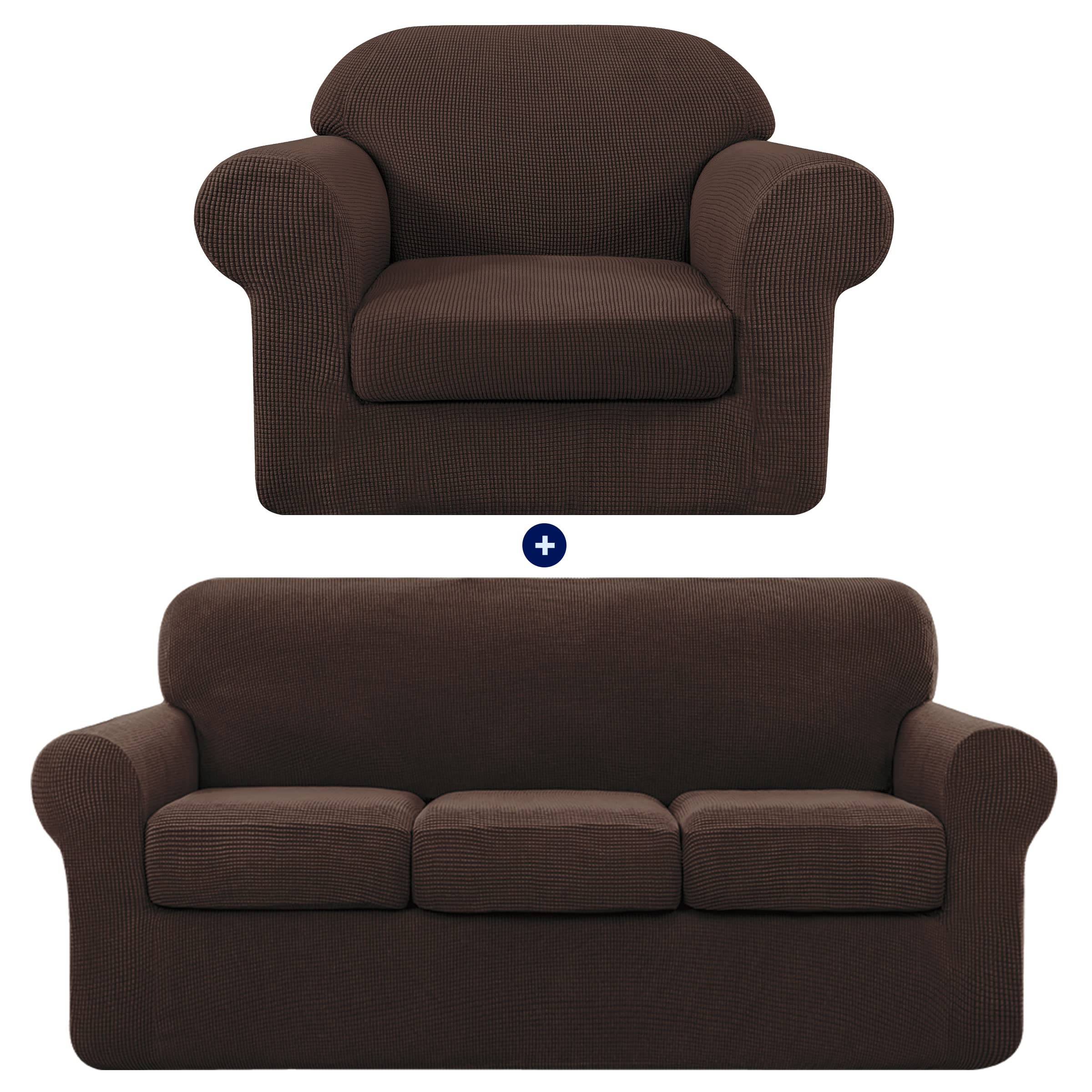 SUBRTEX Sofa Slipcover with Separate Cushion Covers - Stretchable 1-Seater & 3-Seater Couch Protector for Pets & Kids (Small/Large, Chocolate Brown) - Perfect for Living Room Furniture Protection & Home Decor