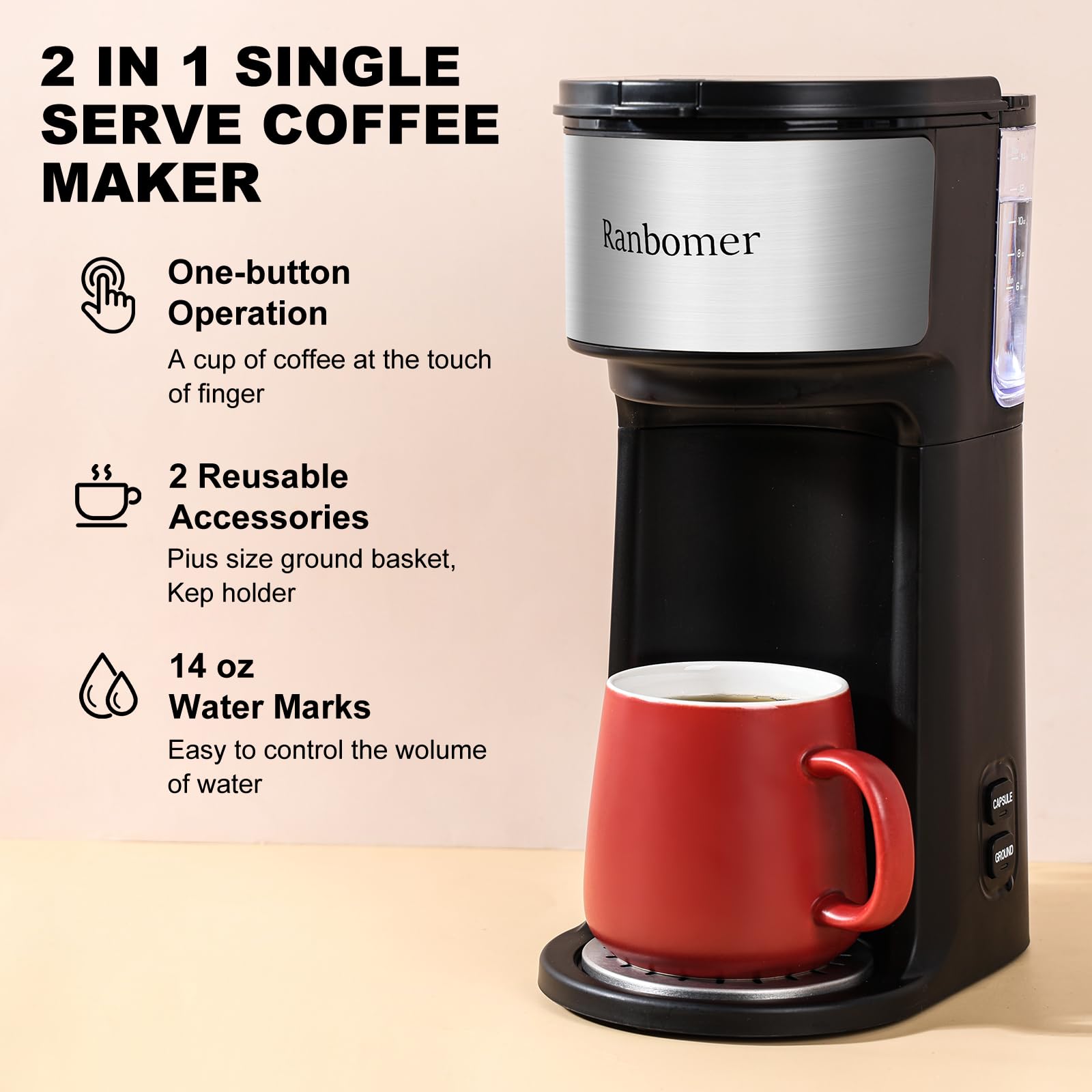 2-in-1 Single Serve Coffee Maker - Compatible with K-Cups & Ground Coffee | 6-14oz Adjustable Brew Size | Compact One Cup Coffee Machine with Self-Cleaning Function | Fits Travel Mugs (Black) | Perfect for Home, Office & Travel Use