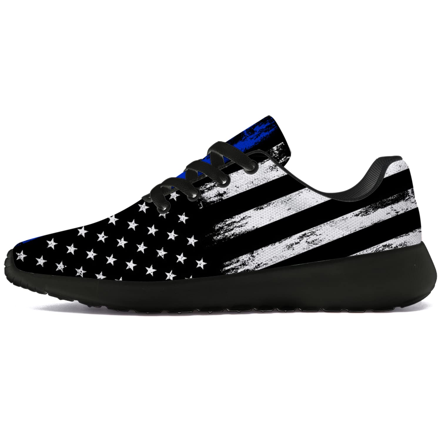 Men's & Women's Thin Blue Line Green Line Red Line Running Shoes - Patriotic American Flag Sneakers for Walking, Tennis, Jogging - Comfortable Athletic Shoes for Men Size 12 / Women Size 15 in Black - Perfect for Police Supporters, Firefighters, Military Appreciation & Patriotic Gifts
