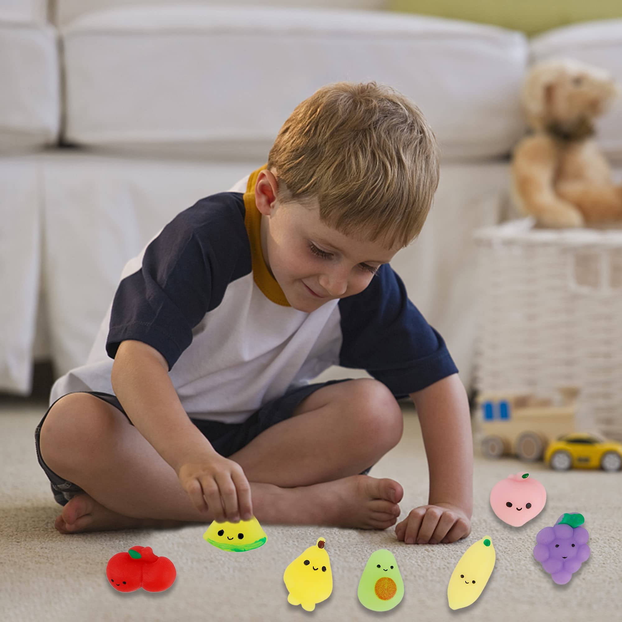 24 Pcs Squishy Toys - Fruit Mochi Squishies, Mini Kawaii Stress Relief Toys for Kids & Adults | Birthday Party Favors, Classroom Prizes, Office Desk Decor | Perfect for Relaxation, Anxiety Relief and Sensory Play