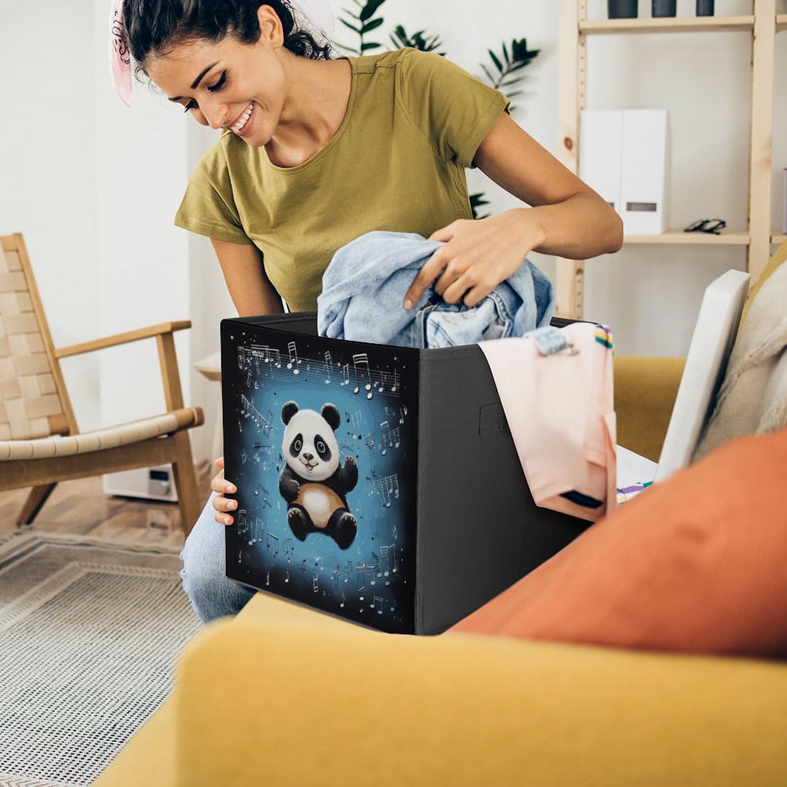 2-Pack Panda & Music Notes Printed Storage Baskets - Foldable Fabric Storage Bins for Home Organization, Closet, Nursery & Office Supplies