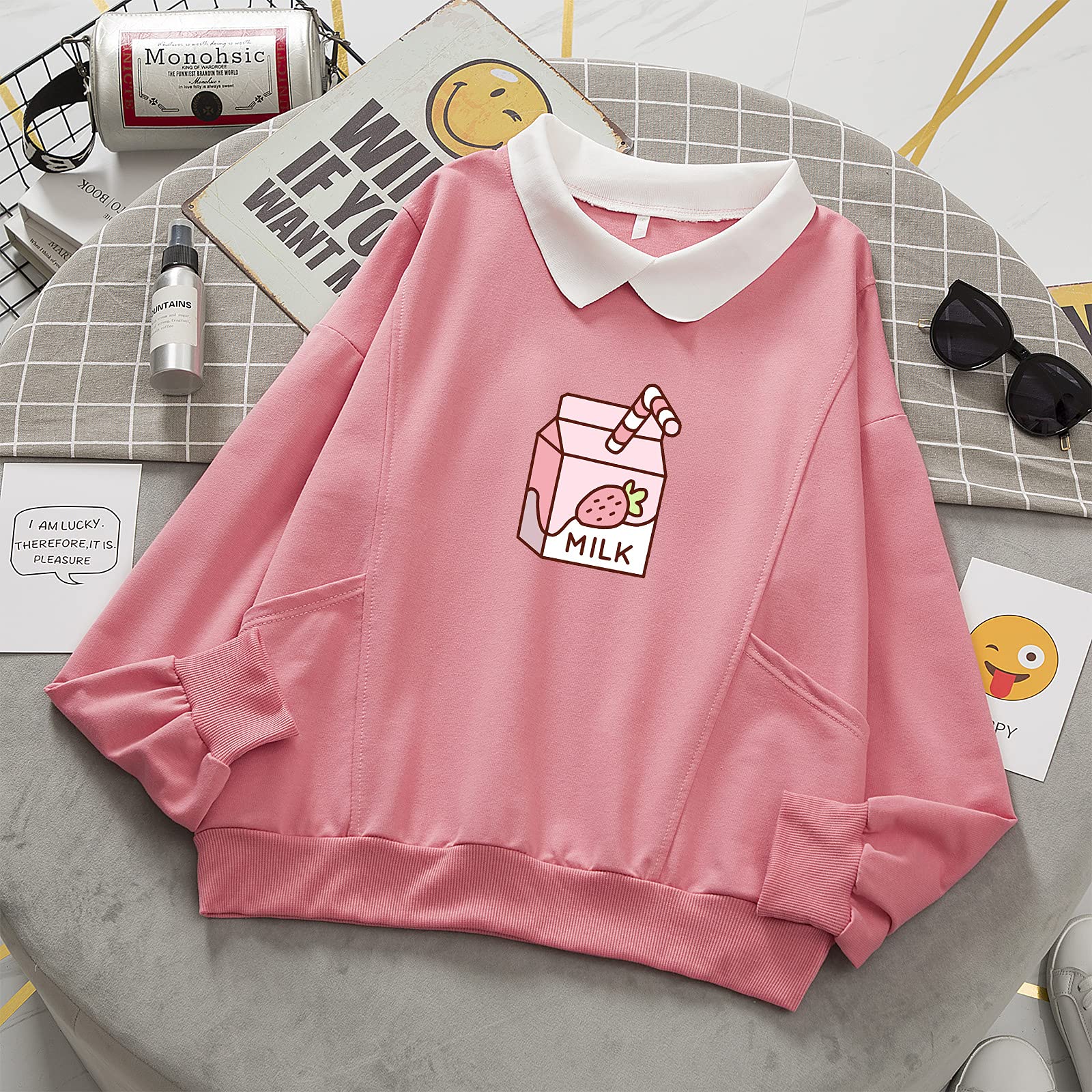 KEEVICI Women's Cute Pink Strawberry Milk Graphic Sweatshirt - Kawaii Y2K Fashion Drop Shoulder Pullover with Pockets for Teen Girls | Casual Outfit, Streetwear, Instagram Fashion