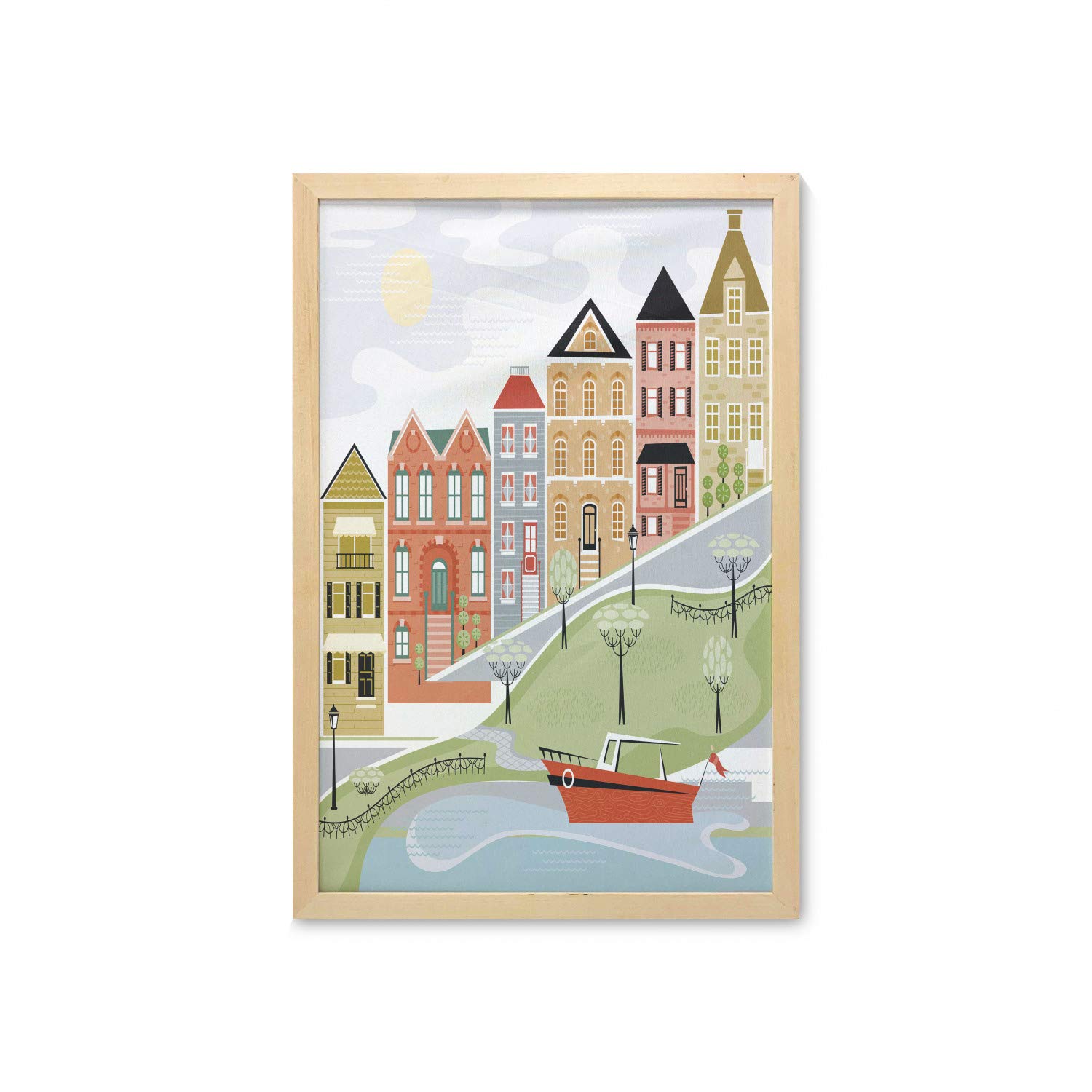 Ambesonne Cityscape Wall Art with Frame - Quaint Village Street & Colorful River Buildings Cartoon Print - 23