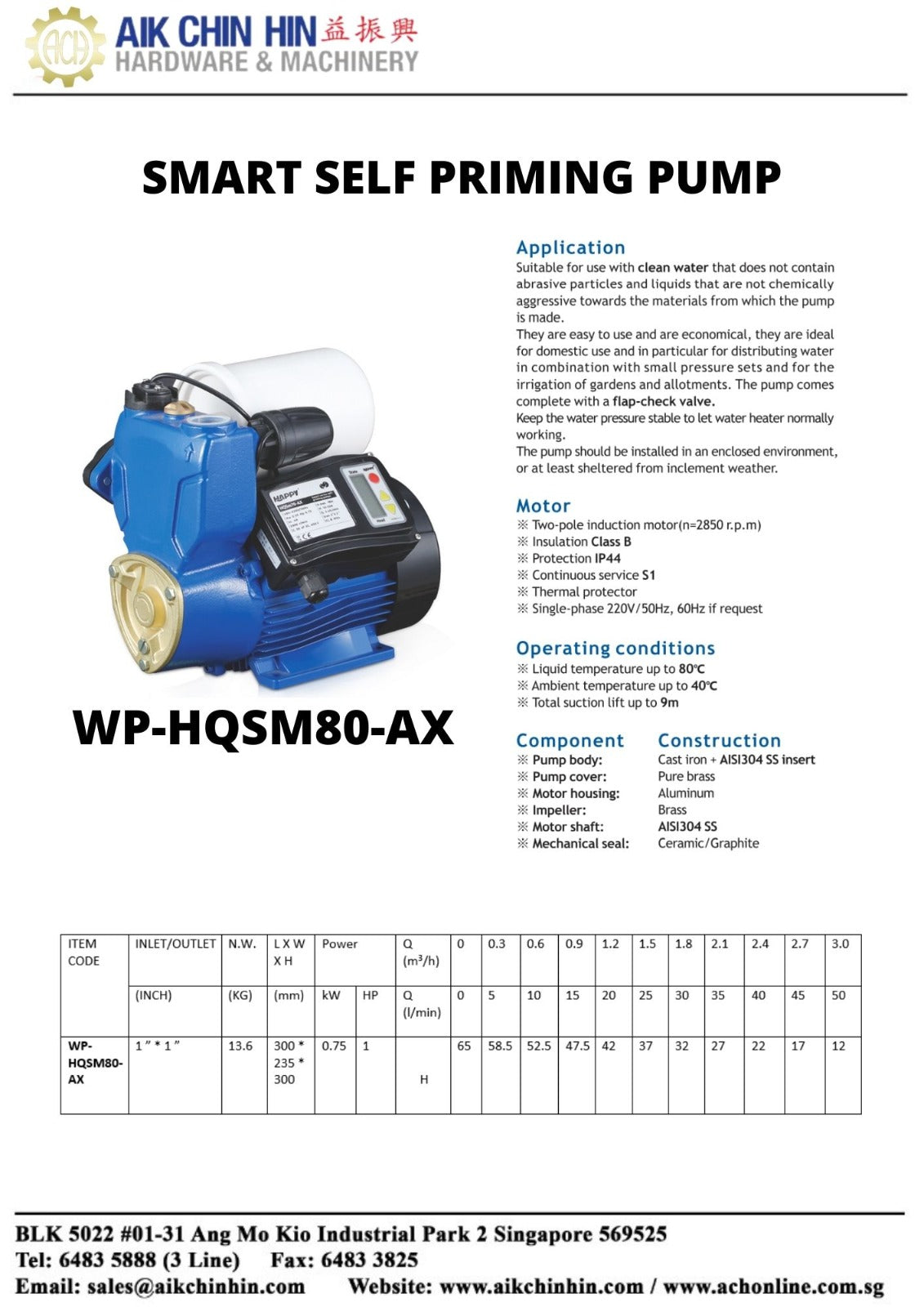 Aiko 220V 1 Outlet 1Hp Motor Smart Self Priming Auto Booster Pump WP HQSM80 AX - Ideal for Home Water Pressure Boosting, Garden Irrigation & Small Industrial Applications