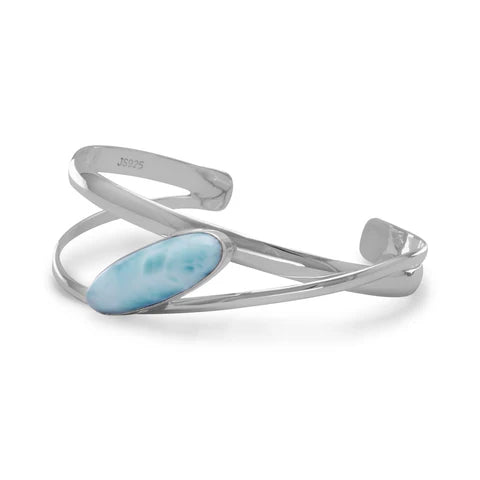 Handmade Sterling Silver Large Oblong Larimar Cuff Bracelet - Elegant Blue Gemstone Jewelry for Women - Perfect for Weddings, Parties & Special Occasions