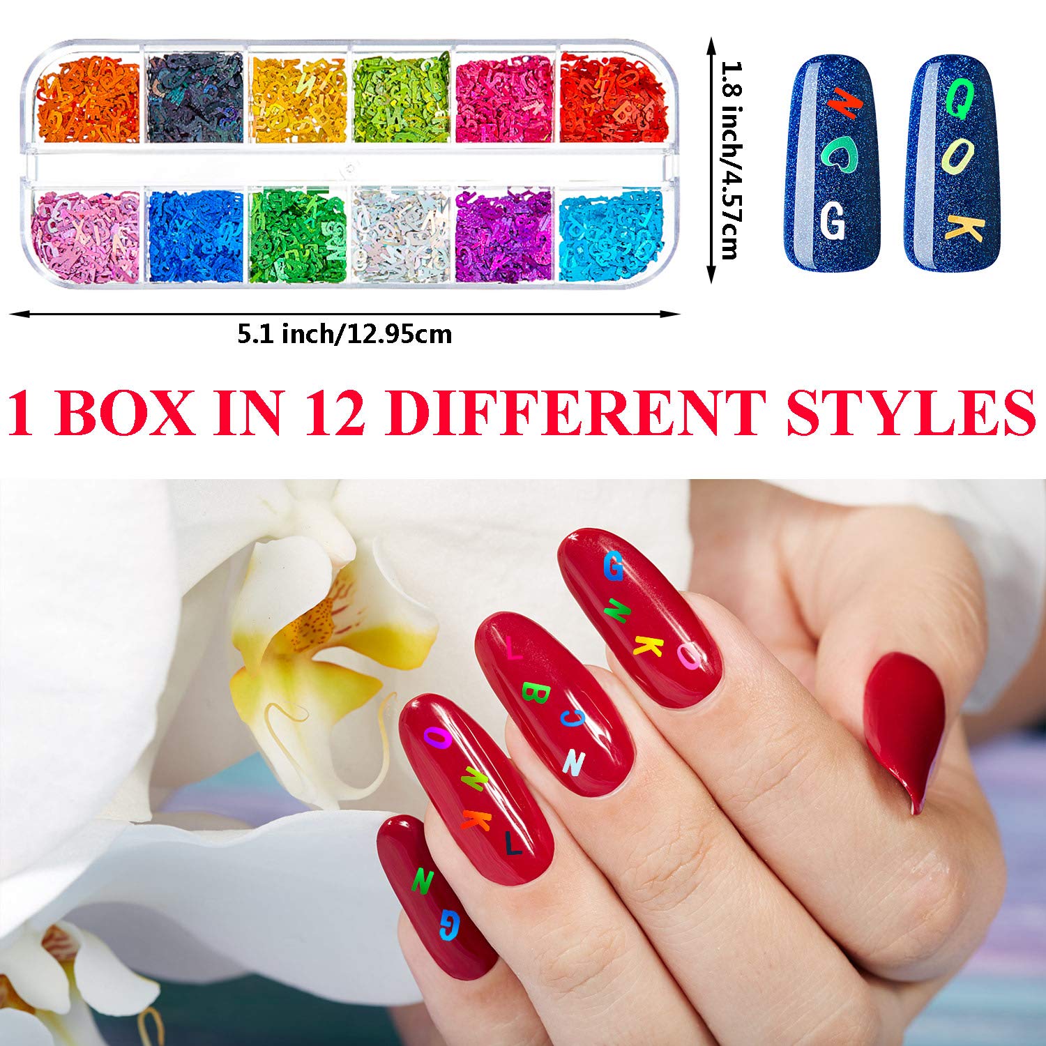 48 Boxes Holographic Alphabet Nail Sequins - 26 Letters 3D Nail Decals, Mixed Glitter Flakes & Laser Confetti for Professional Nail Art Designs - Perfect for Nail Salons, DIY Manicures, and Special Occasion Nail Decorations