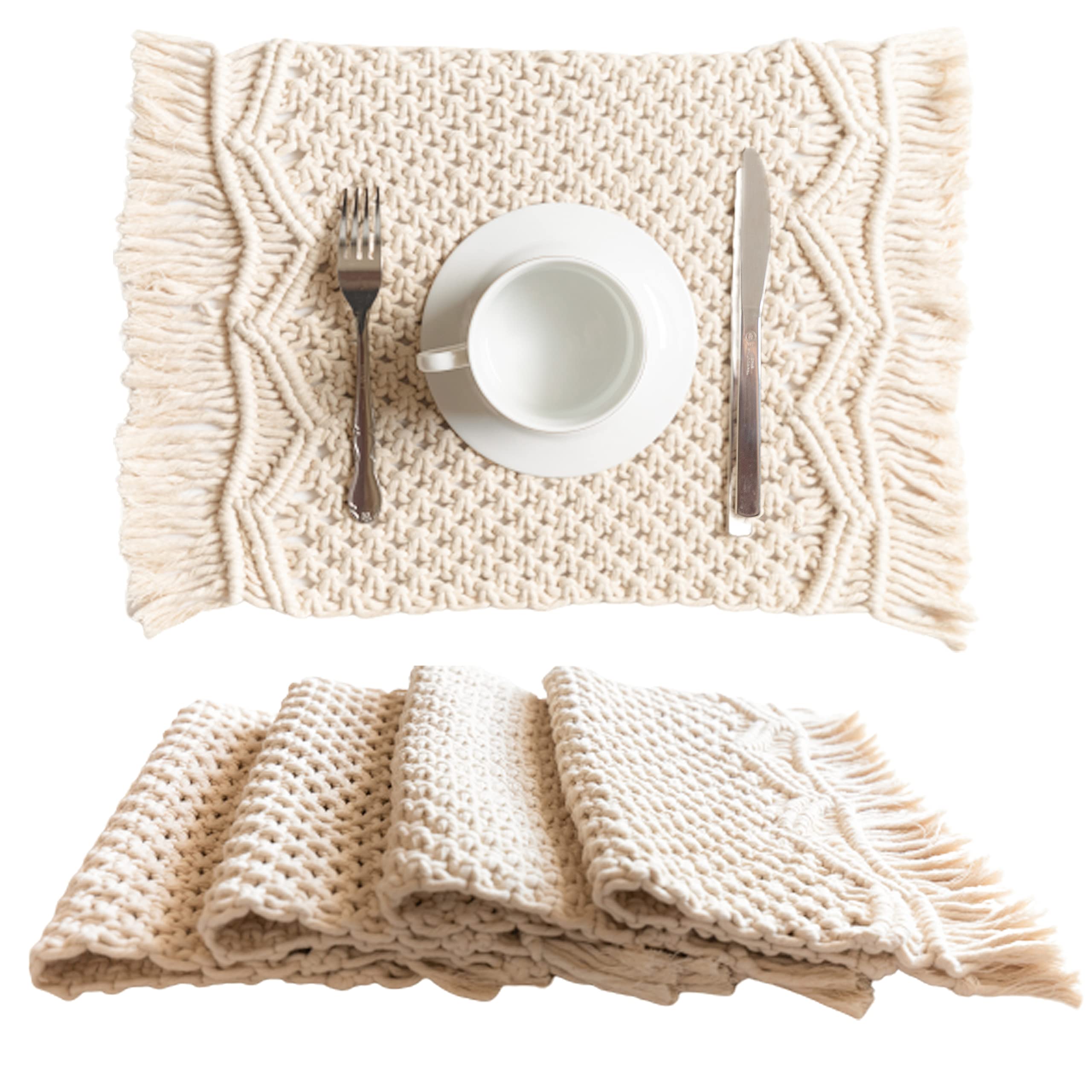 SnugLife Macrame Placemats Set of 4 - Handmade Cotton Woven Boho Table Mats - Modern Farmhouse Fringe Placemats for Dining Table, Kitchen, Bohemian Wedding Décor - Rustic Natural Off White 12”x18” - Perfect for Farmhouse Style Dining, Boho Chic Home Decor & Rustic Wedding Centerpieces