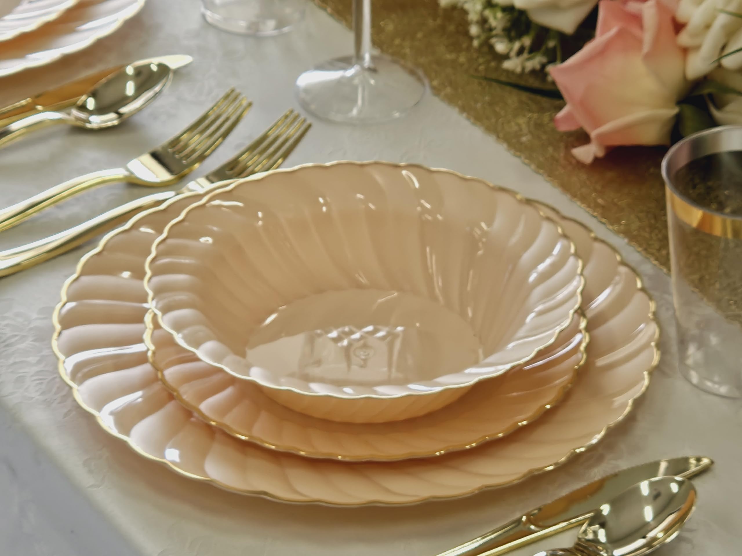 240 Heavyweight Disposable Plastic Plates for Weddings & Parties - 10.25'' Elegant Blush & Gold Dinner Plates (Ideal for Bridal Showers, Baby Showers & Formal Events)