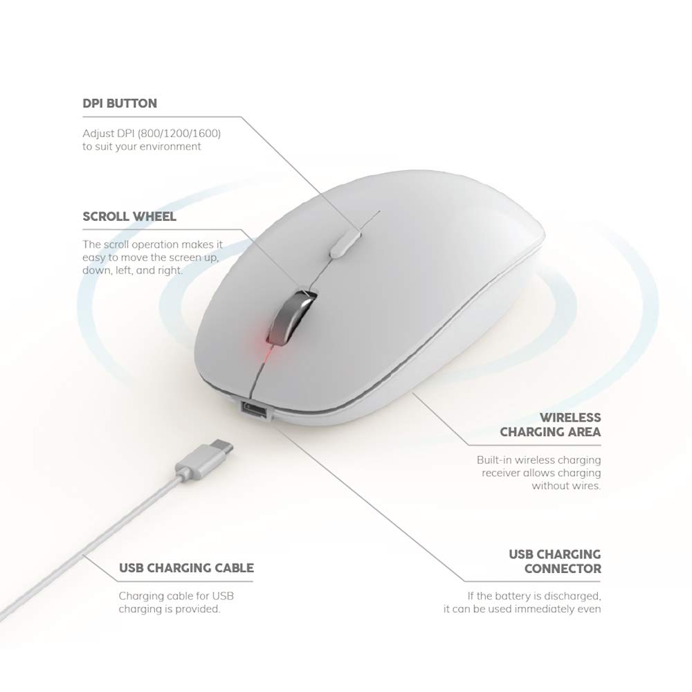 POUT H4 Qi Wireless Charging Rechargeable Mouse - Silent Ambidextrous Optical Mouse for Office & Home Use - Compatible with Wireless Chargers - Perfect for Desk Work, Gaming & Travel (White)