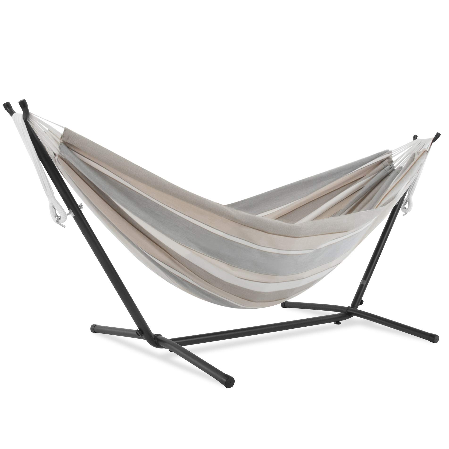 Vivere Double Sunbrella Hammock with Space-Saving Steel Stand - 450 lb Weight Capacity - Includes Premium Carry Bag (Dove) - Perfect for Backyard Relaxation, Camping & Beach Getaways