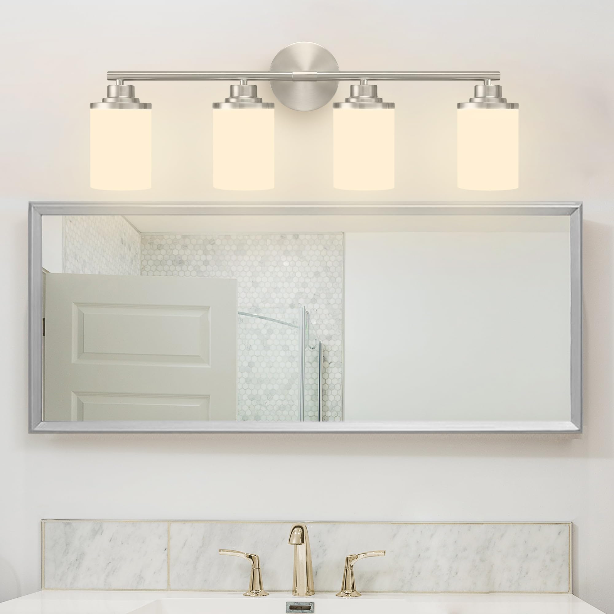 Modern Brushed Nickel Bathroom Vanity Light Fixture - 4-Light Frosted Glass Sconce for Mirror Lighting, Perfect for Bathroom, Powder Room & Dressing Room Makeup Area