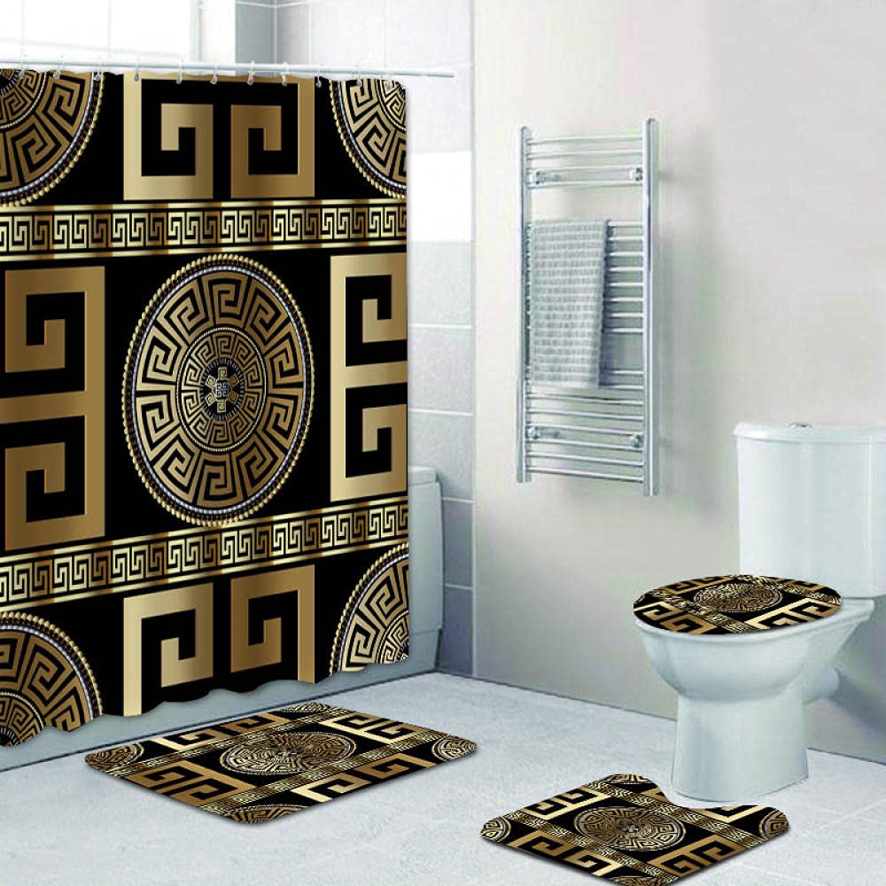 Geometric Black & Gold Greek Key Meander Tarot Shower Curtain - Black and White Moon Design for Bathroom Decor | Perfect for Modern, Boho & Gothic Style Homes