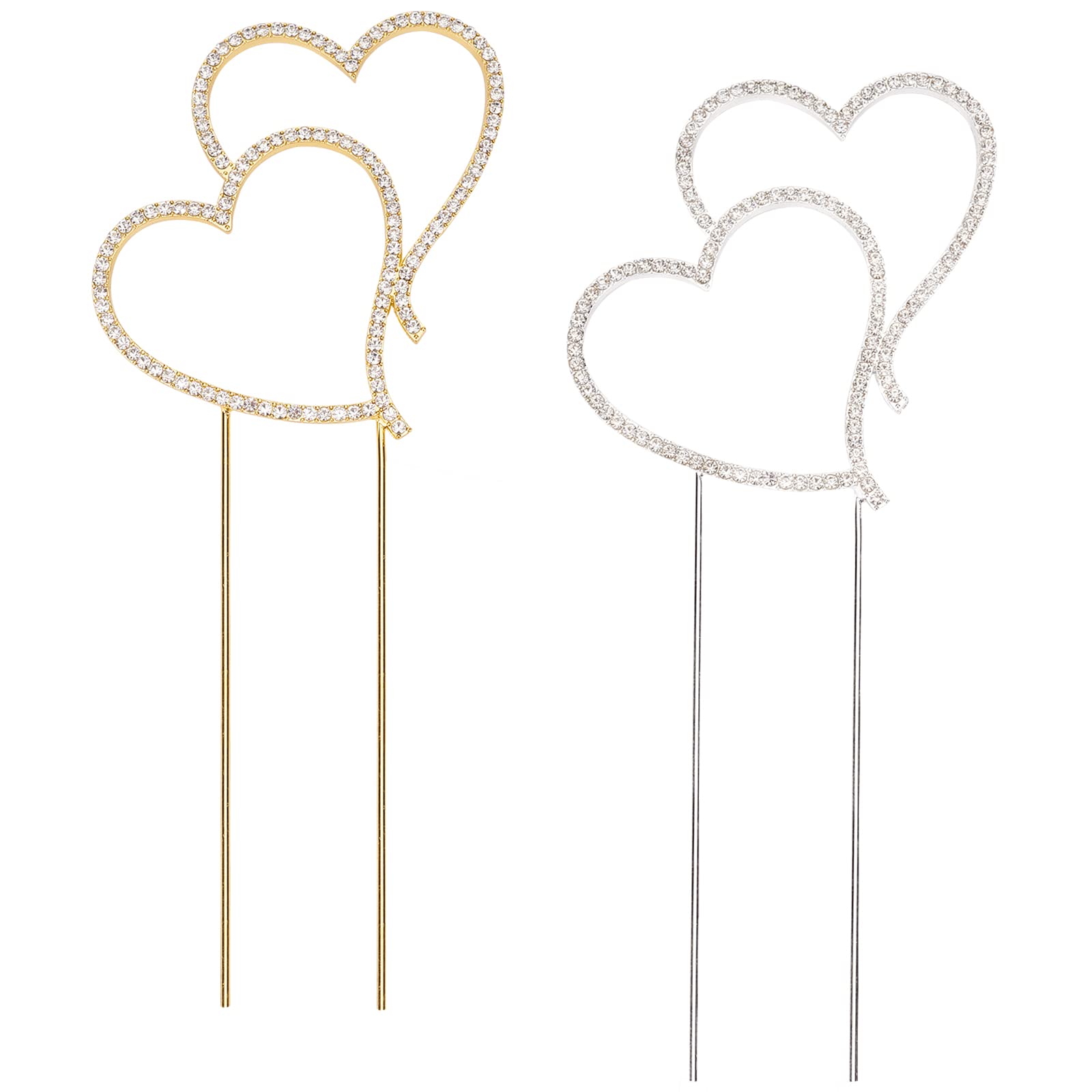 FINGERINSPIRE 2 Pcs Gold & Silver Double Heart Rhinestone Cake Topper - Alloy Crystal Wedding Cake Decor for Anniversary, Valentine's Day Party | Perfect for Wedding Cakes, Cupcakes, and Dessert Table Displays