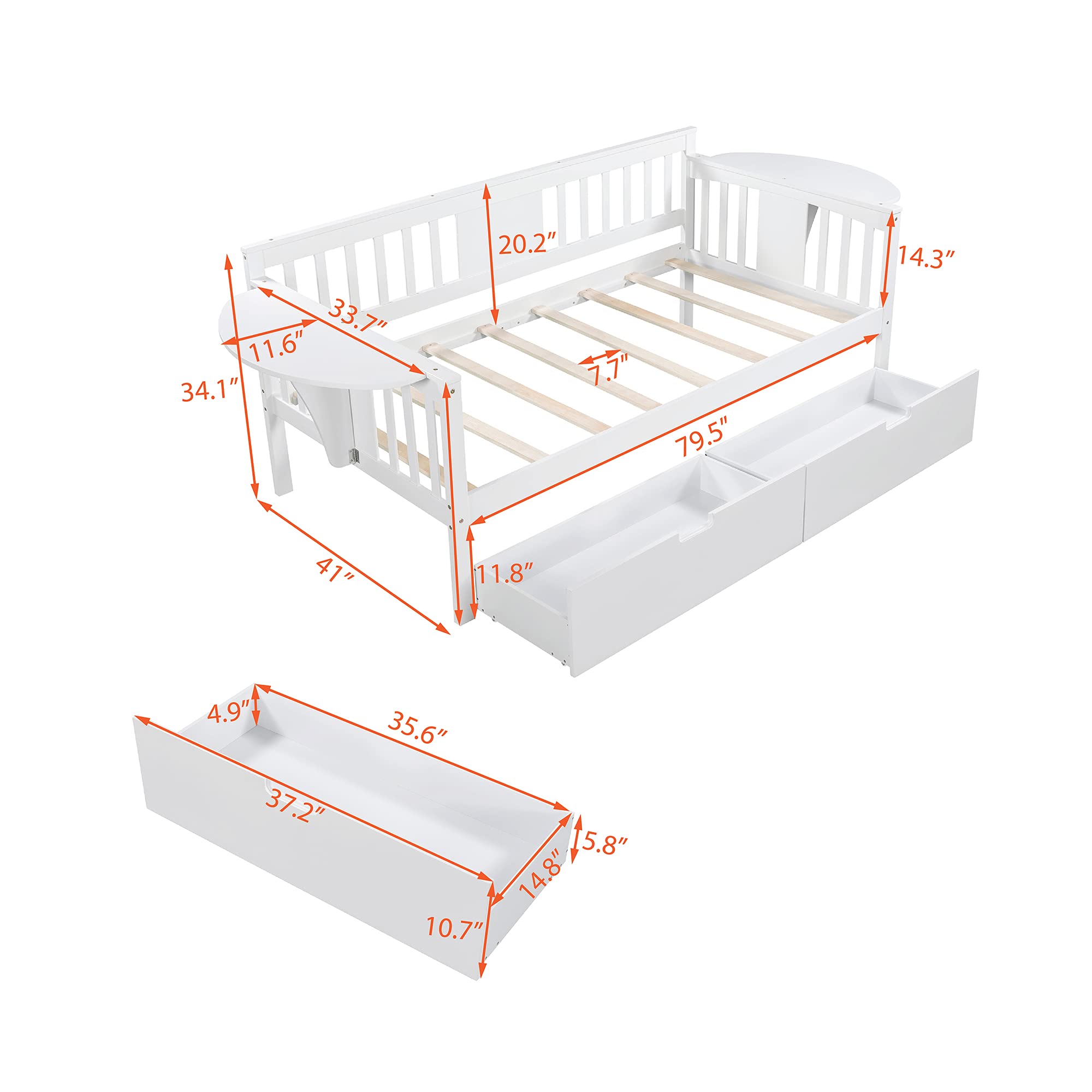 White Wood Daybed with 2 Storage Drawers & Side Table - Twin Size Sofa Bed with Wood Slat Support (No Box Spring Needed) - Easy Assembly for Bedroom, Guest Room or Living Room - Perfect for Small Spaces & Overnight Guests