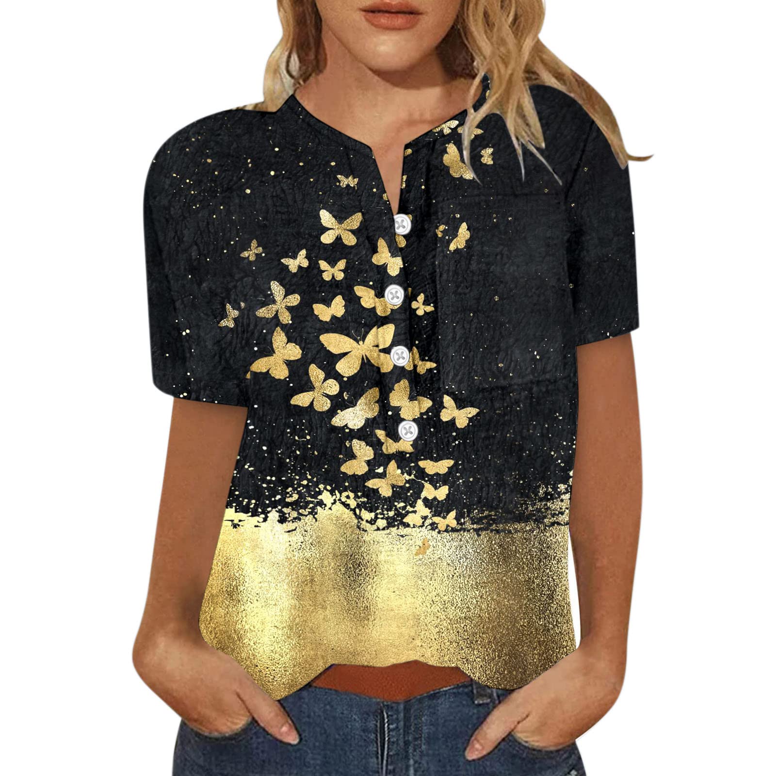 Women's Summer Casual Short Sleeve Printed Button Neck T-Shirts - Breathable Cotton Blouse for Outdoor, Travel & Daily Wear