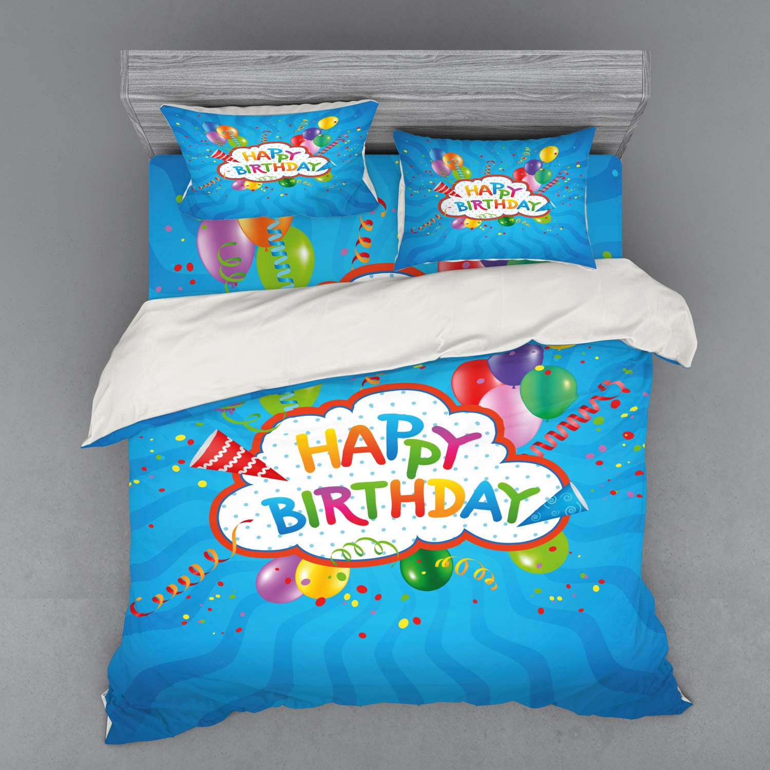 Ambesonne Birthday Duvet Cover Set - Wavy Blue Party Design with Greeting Text & Celebration Hats, 4-Piece King Size Bedding Set with Shams & Fitted Sheet - Perfect for Birthday Parties, Bedroom Decor & Gift Giving
