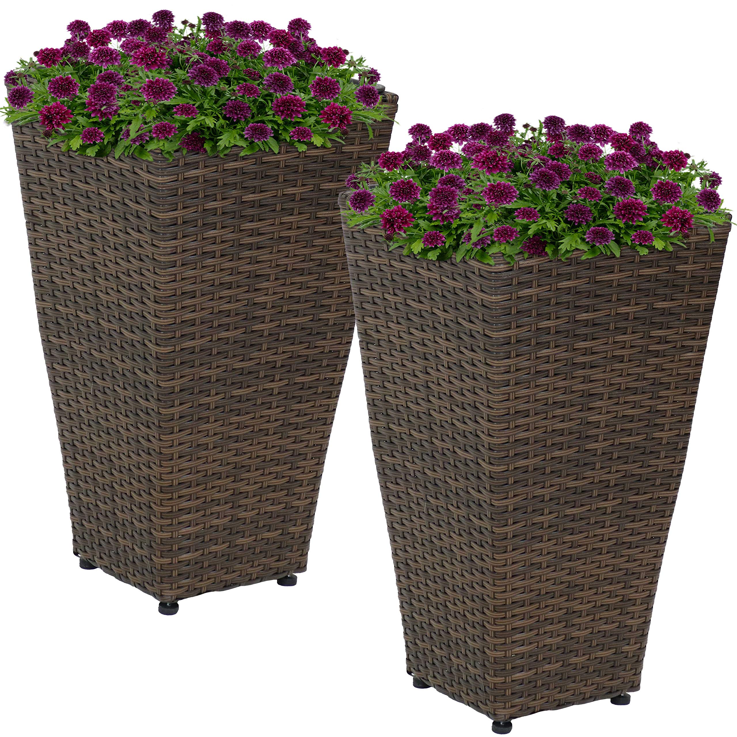 20-Inch Tall Square Polyrattan Indoor/Outdoor Planters - Set of 2 in Brown - Perfect for Patio, Garden, and Home Decor