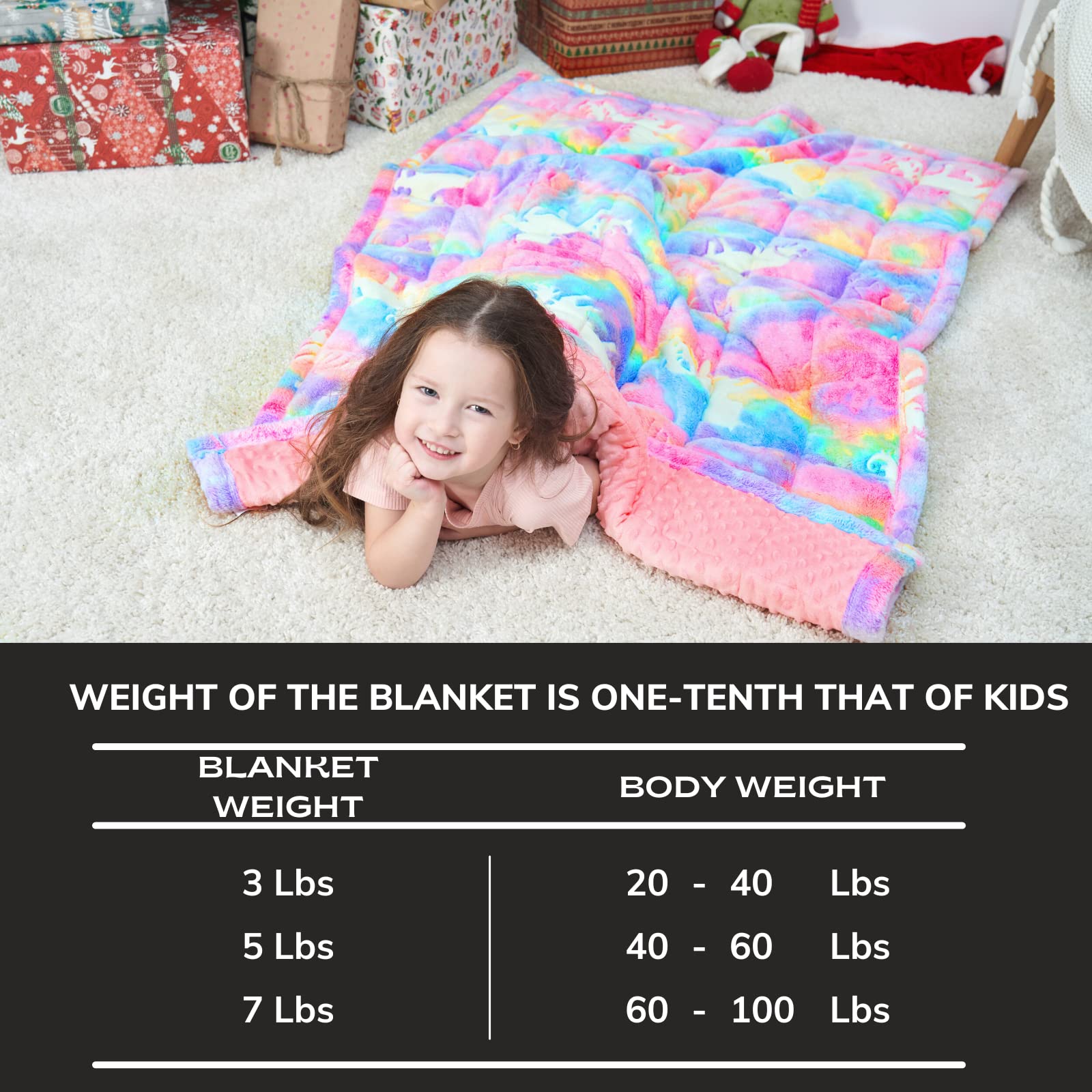 Glow in The Dark Weighted Blanket 5 lbs - Rainbow Unicorn Flannel Blanket for Girls & Kids - Soft & Cozy 5 Pound Weighted Blanket for Anxiety Relief, Stress, Better Sleep - Perfect for Bedroom, Nursery, or Relaxation