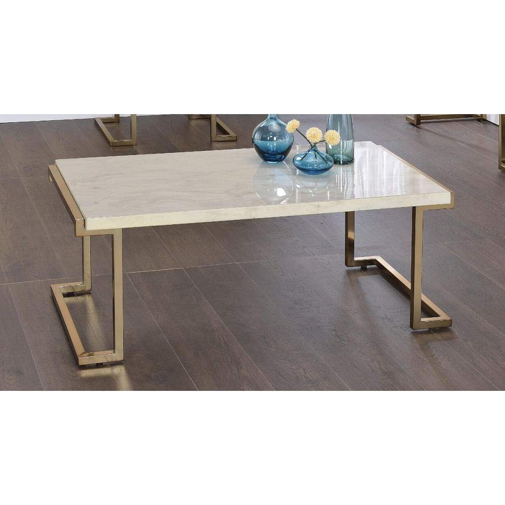 Takefuns Boice II Faux Marble Coffee Table with Champagne Gold Legs - Modern Living Room Center Table for Home Decor & Entertaining (Model 82870A)