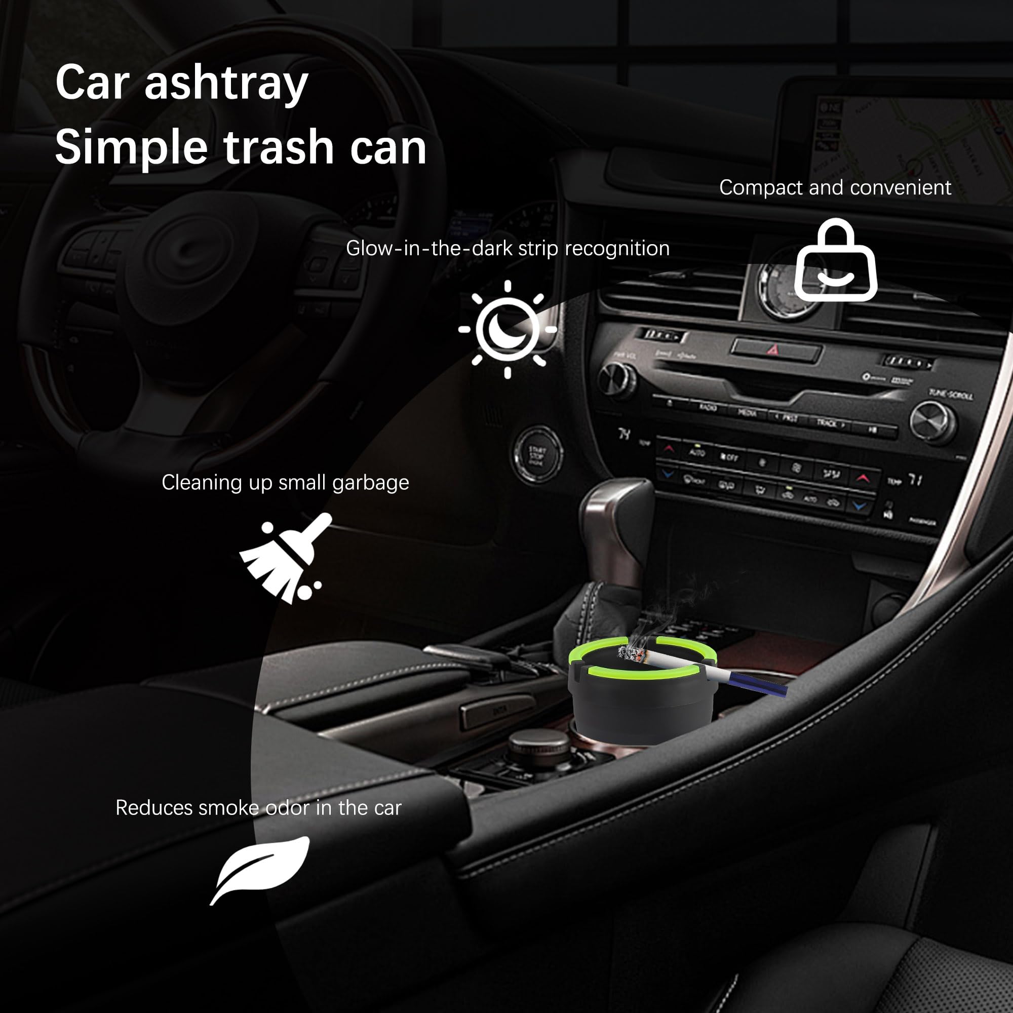 Glow in The Dark Car Ashtray with Lid - Smell Proof Portable Ashtray for Cup Holder, Multifunctional Car Accessories for Truck & SUV - Keep Your Vehicle Interior Clean & Tidy (Black) - Perfect for Road Trips & Outdoor Smoking