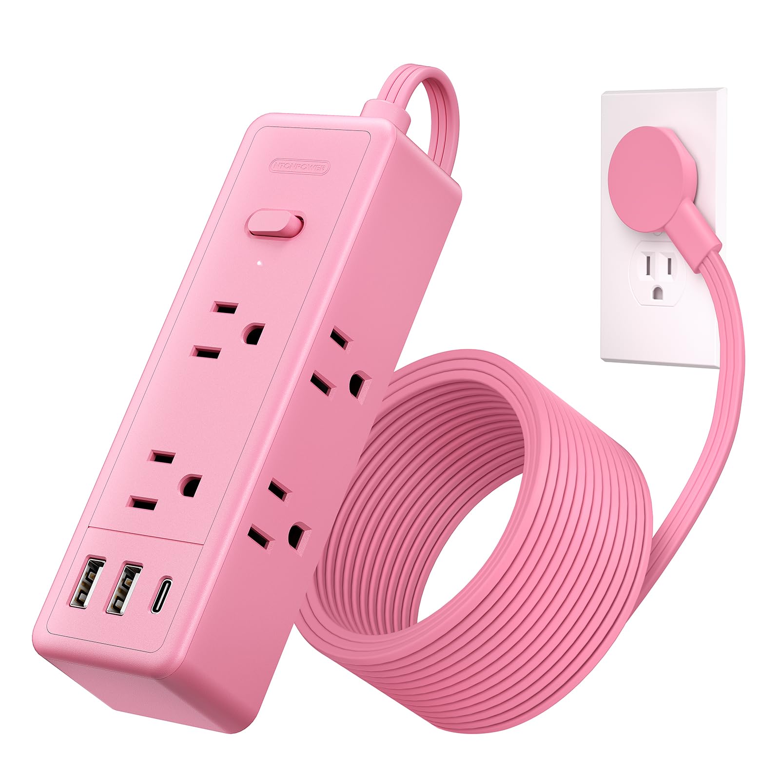 NTONPOWER 10 ft Pink Extension Cord with 6 Outlets & 3 USB Ports (1 USB-C) - 1080J Surge Protector Power Strip, Flat Plug for Home, Office, Dorm - Perfect for Charging Multiple Devices, Gaming Setups & Workspace Organization