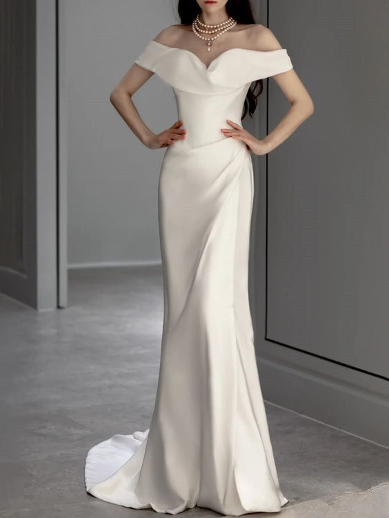 Elegant Mermaid Off-the-Shoulder Satin Wedding Dress J6147 - Perfect for Beach Weddings, Vow Renewals & Formal Evening Events