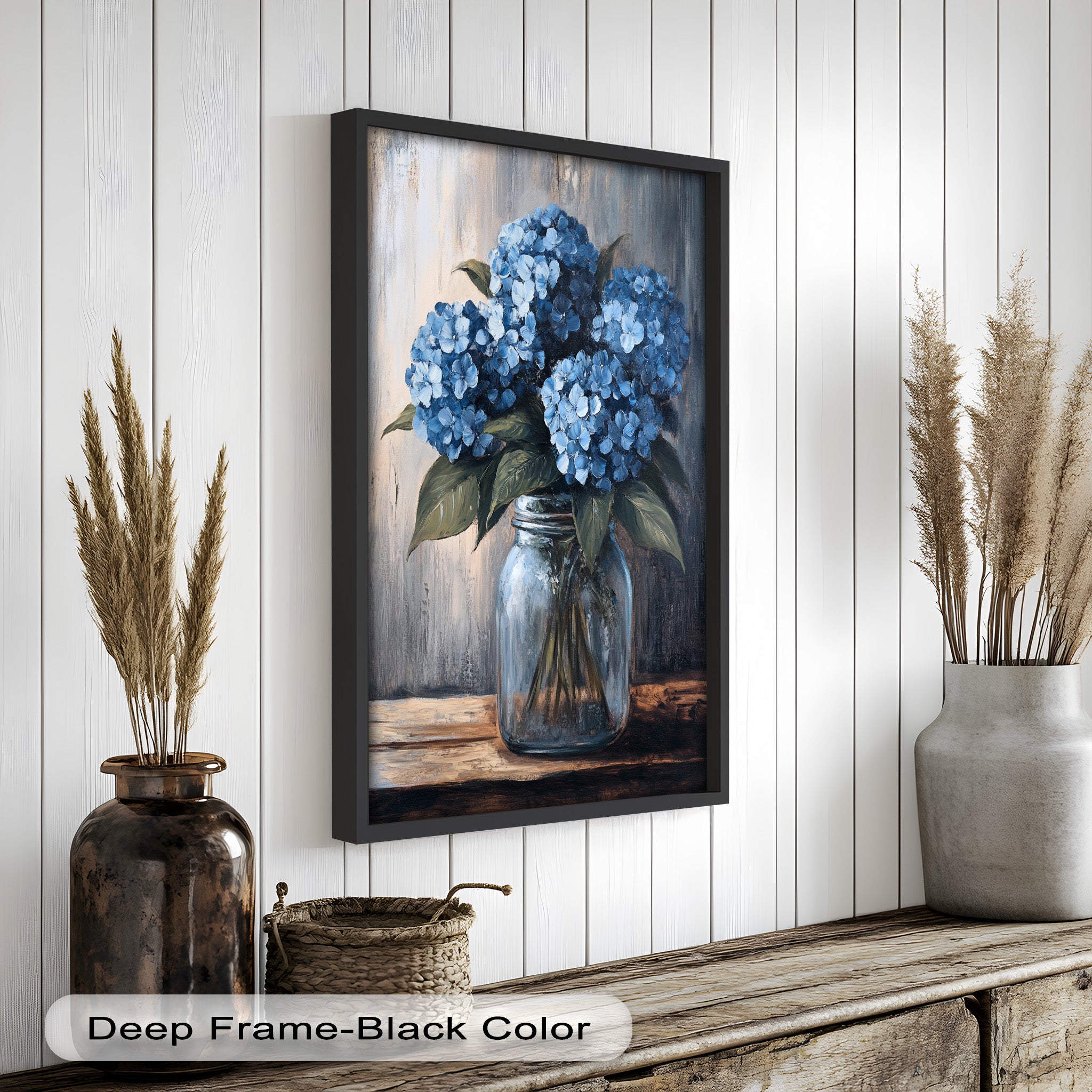 Blue Serenity Hydrangea Blooms in Mason Jar - Floral Oil Painting Wall Art for Home Decor, Living Room, Bedroom & Office | Handmade Canvas Artwork