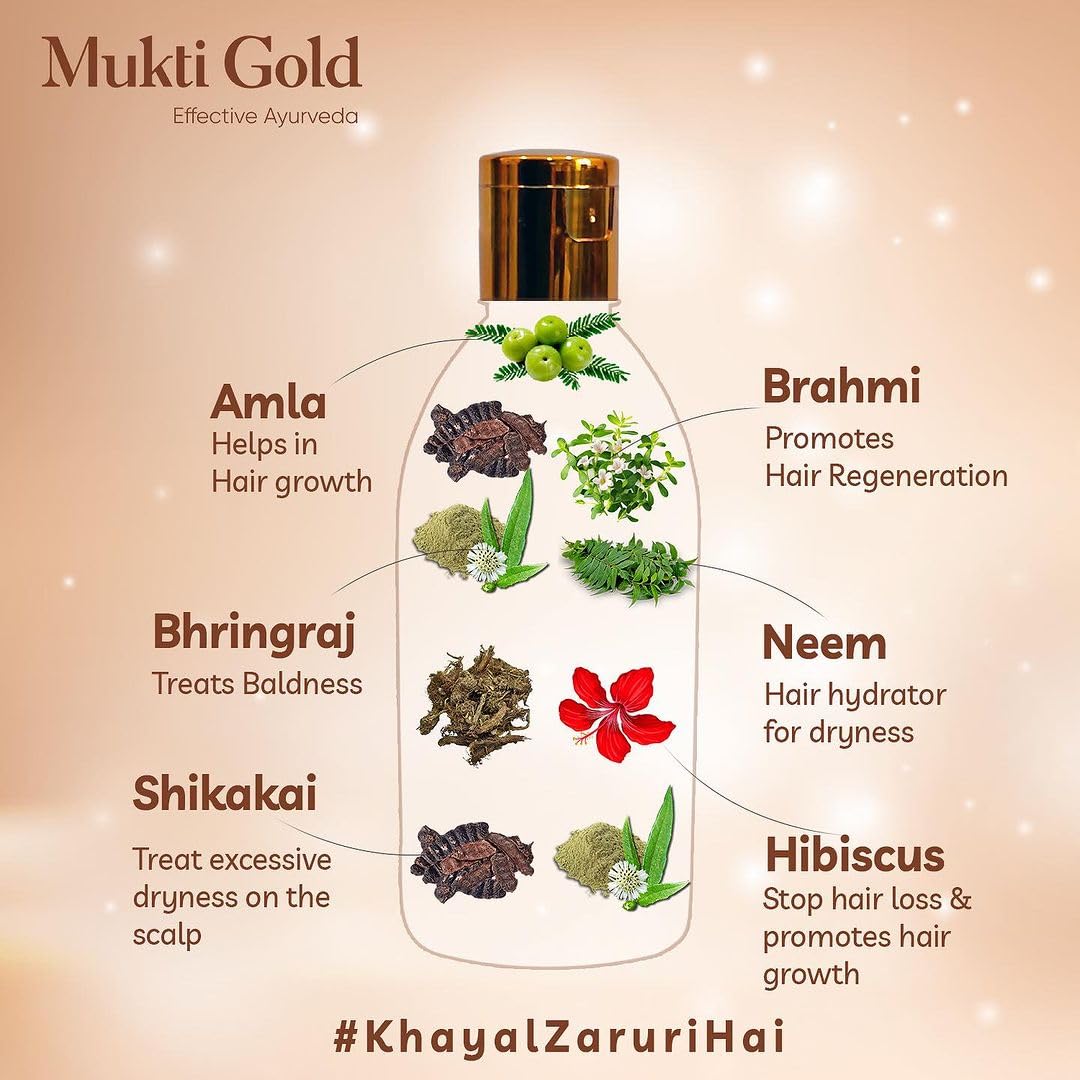Axiom Mukti Gold Herbal Hair Oil - 200mL | Natural Hair Growth Treatment for Hair Loss & Dandruff Control | Enriched with Almond, Rose, Neem & Lemon Extracts | 100% Organic Ayurvedic Hair Care | Certified Safe | Perfect for Daily Scalp Massage & Damaged Hair Repair