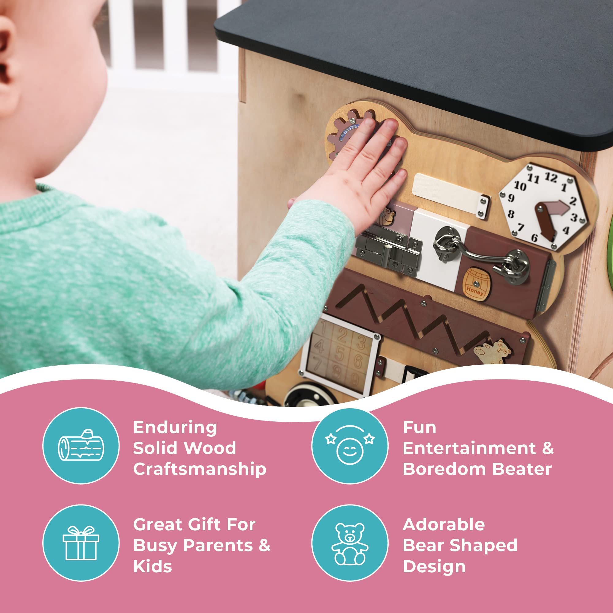 Montessori Busy Board for Toddlers - Sensory Activity Toy with Bear Shape, Car & Airplane Travel Games - Quiet Learning Tool for Autism Kids | Perfect for Airplane Travel, Road Trips & Home Playtime