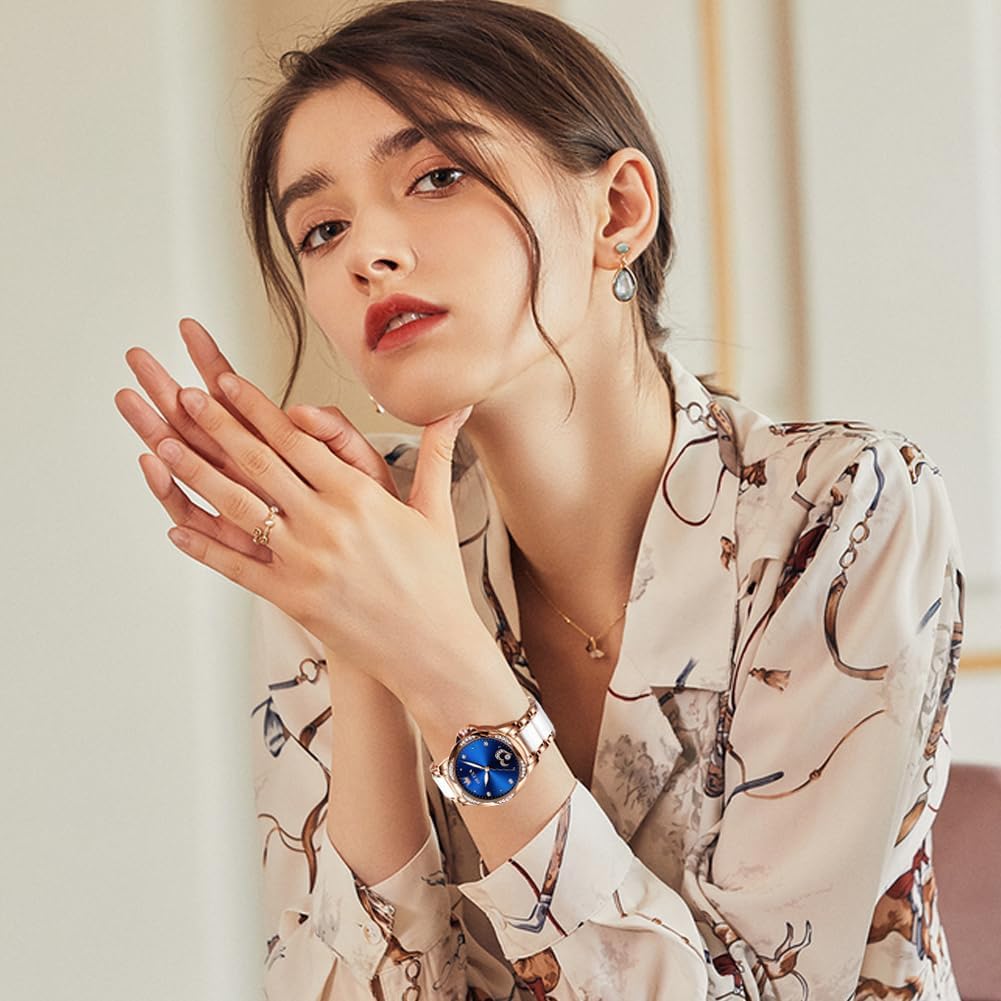 OLEVS Women's Luxury Diamond Automatic Self-Winding Watch - Elegant Stainless Steel & Ceramic Dress Watch with Luminous Hands, Waterproof for Daily Wear - Perfect for Office, Parties & Special Occasions