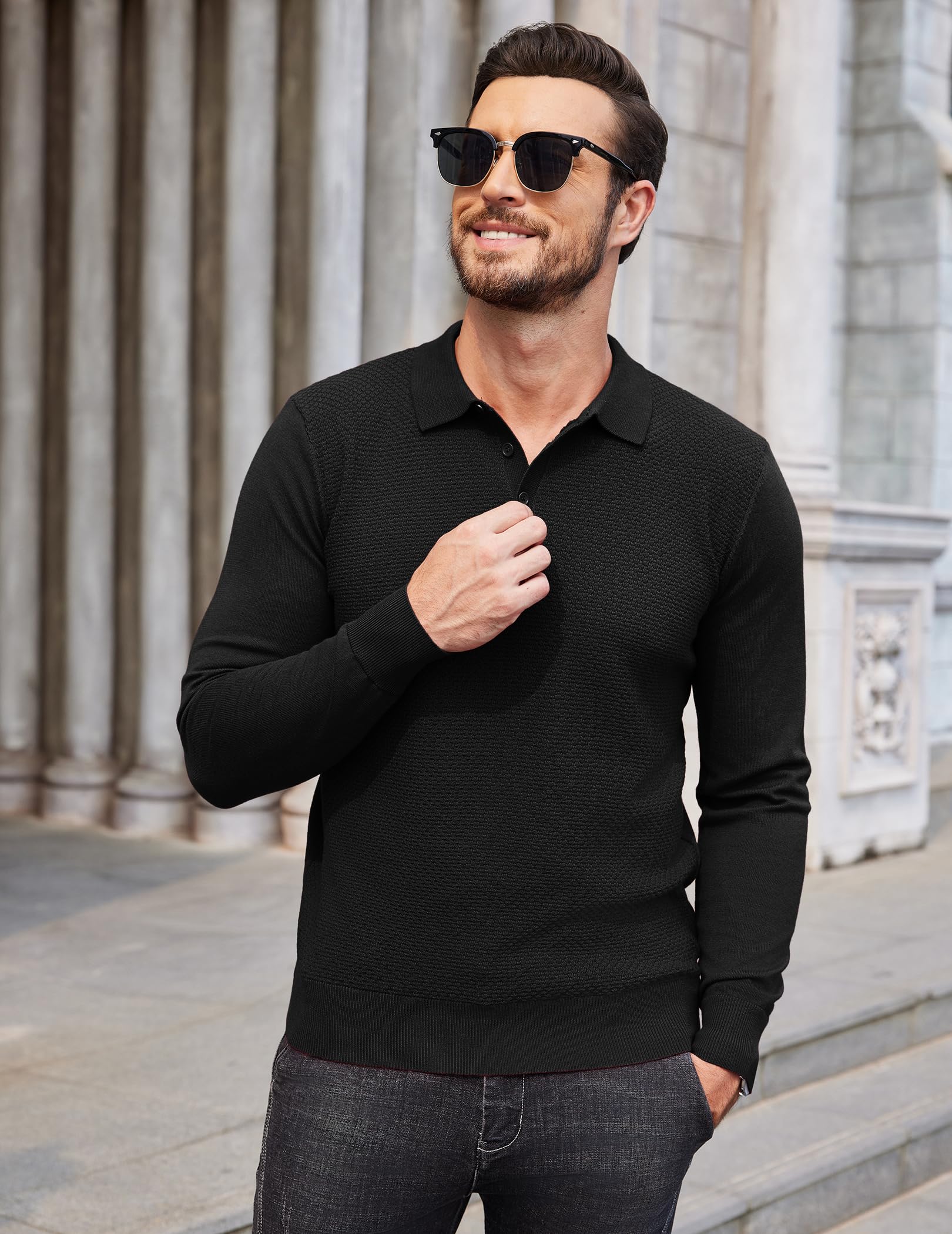 COOFANDY Men's Long Sleeve Knit Polo Sweater - Casual Quarter Button Collared Shirt with Waffle Texture for Golf, Office & Fall Outfits | Warm & Stylish Pullover for Business Casual & Weekend Wear