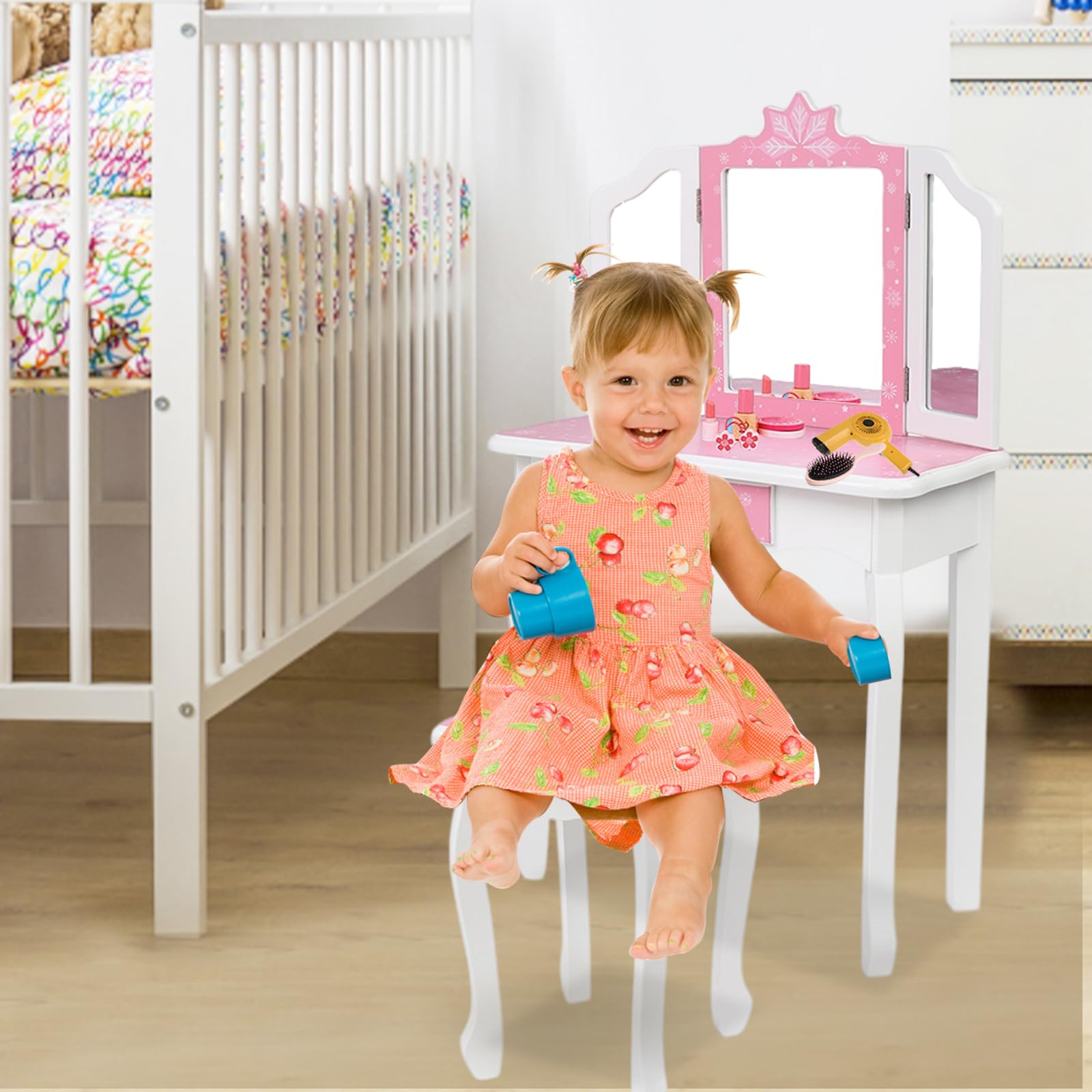 BELANITAS Kids Vanity Set with Mirror - Tri-Folding Vanity Table & Chair Set for Girls, Pink Princess Makeup Dressing Table with Drawer & Stool, 2-in-1 Toy Storage & Play Set - Perfect for Birthday Gifts, Pretend Play & Bedroom Decor