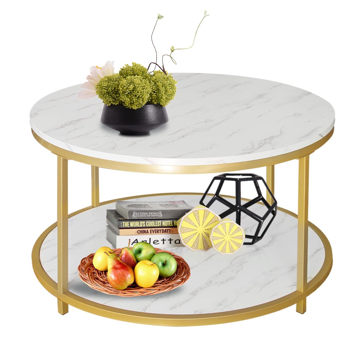 AT-VALY 31.5 Inch Round Coffee Table with Storage Shelf - Solid Wood Top & Sturdy Metal Frame - Modern Sofa Table for Living Room, Bedroom, Office (Gold) - Perfect for Small Spaces, Coffee Time & Home Decor