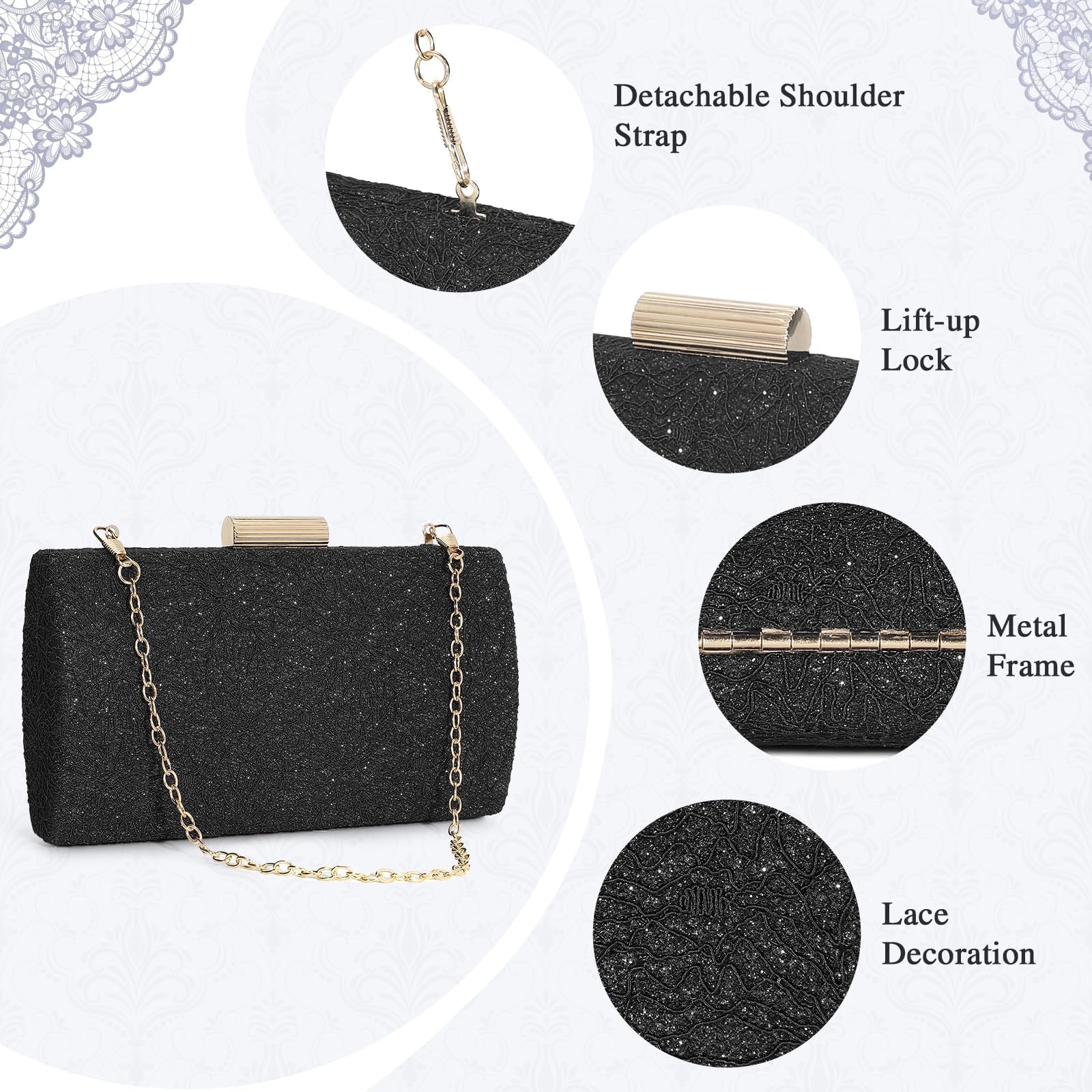 UBORSE Women's Glitter Lace Clutch Purse - Elegant Square Evening Bag for Wedding, Party & Formal Events - Perfect for Prom, Cocktail Dinners & Special Occasions