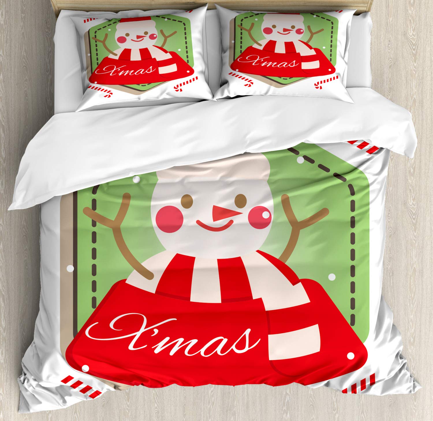 Ambesonne Christmas Duvet Cover Set - Funny Santa Snowman Holiday Bedding with Xmas Lettering & Candy Canes - 3 Piece Queen Size Bed Set with 2 Pillow Shams in Pistachio Green & Vermilion - Perfect for Festive Bedroom Decor, Holiday Guest Rooms & Cozy Winter Nights