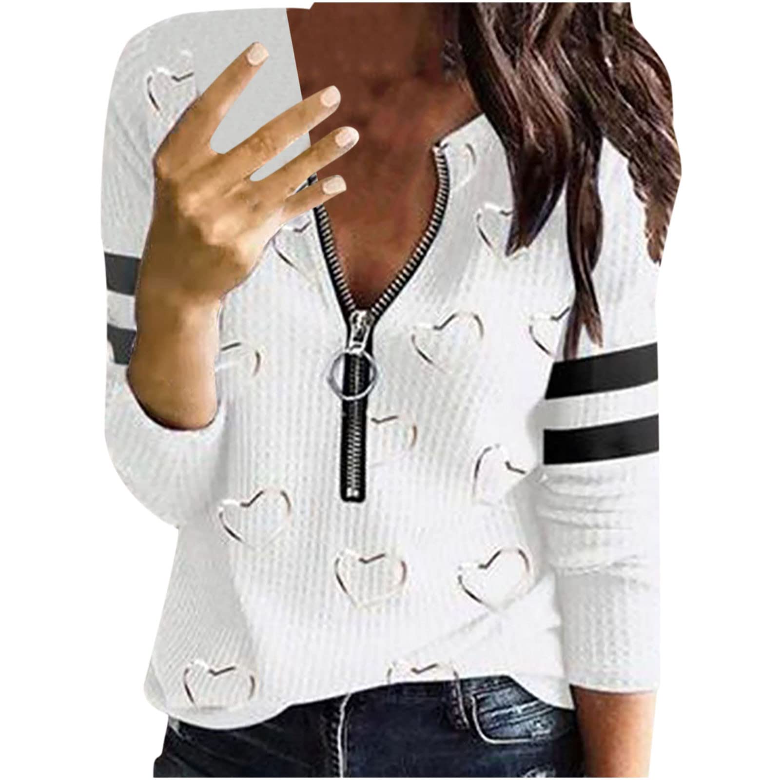 Women's Waffle Knit Shirt - Dressy Casual Half Zip V-Neck Long Sleeve Blouse - Loose Fitting Tunic Top to Hide Belly - Perfect for Work, Date Night & Everyday Wear