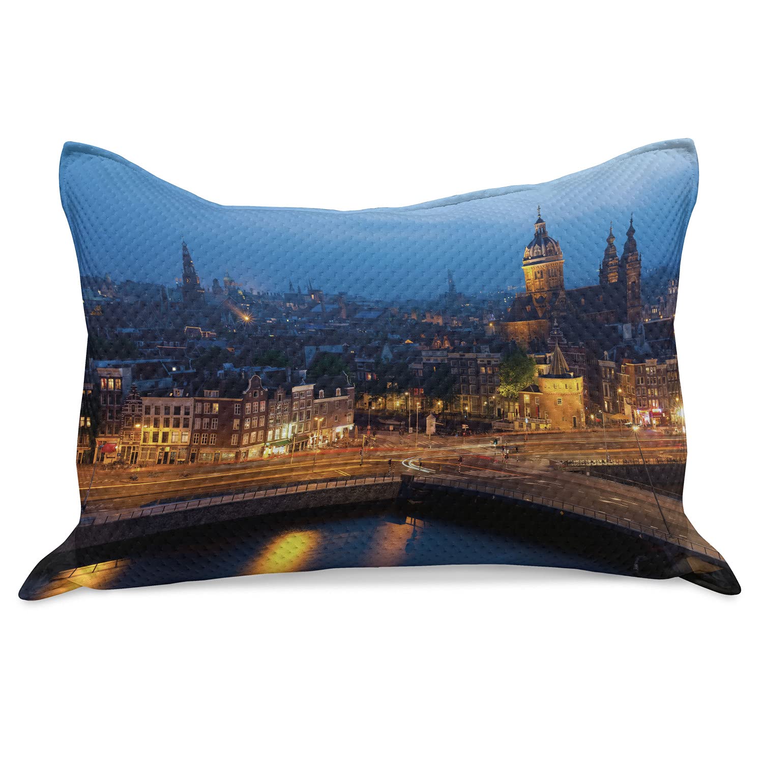 Ambesonne Knitted Quilt Pillow Cover - Amsterdam Night View Cityscape European Travel Landmark Design, King Size 36