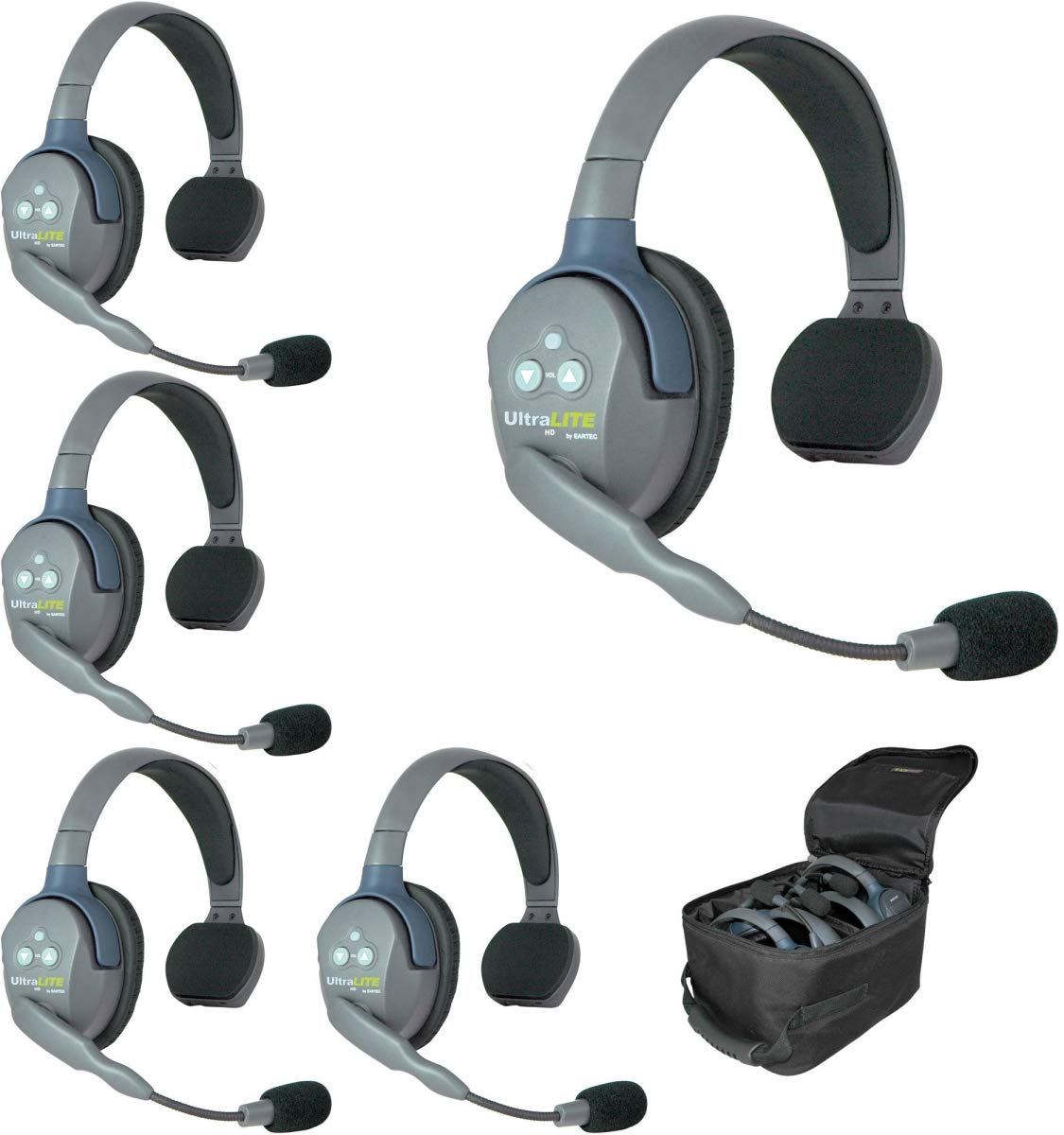 Eartec UL5S UltraLITE 5-Person Full Duplex Wireless Intercom System with 1 Master & 4 Remote Headsets, 5 Batteries, 8-Bay Charger & Case - Ideal for Construction, Warehouse, Events & Team Communication
