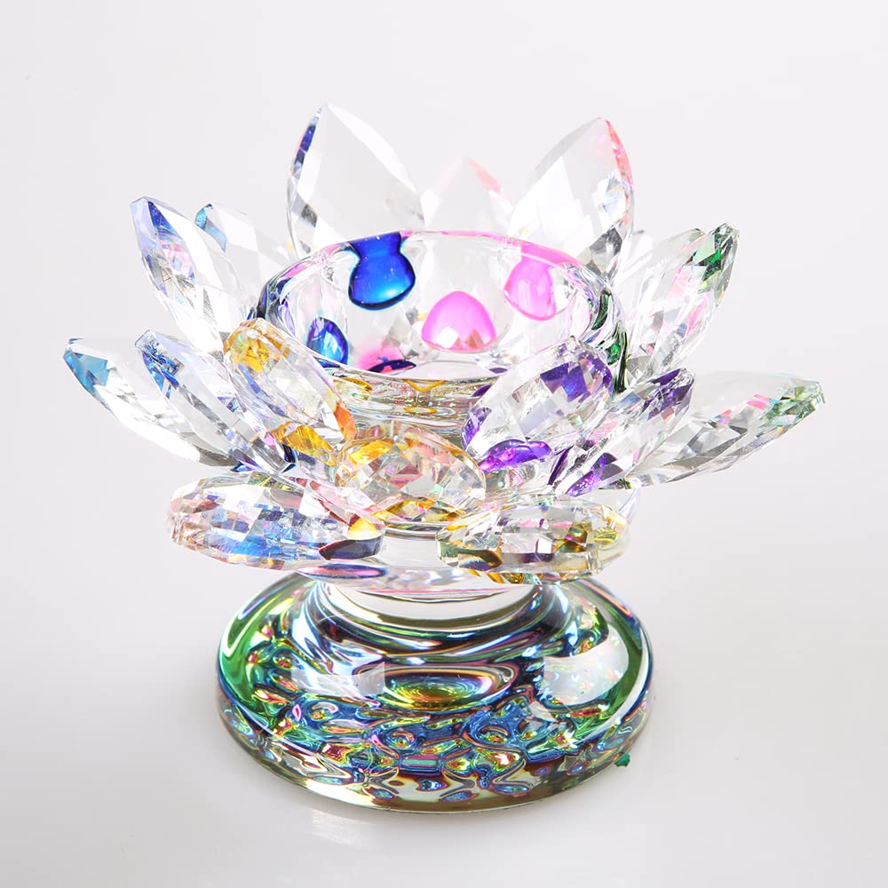 4.5 Inch Crystal Lotus Candle Holder - Elegant Glass Candle Lamp for Home Decor, Altar, Window Sill - Multicolor Night Light for Meditation, Relaxation & Spiritual Healing