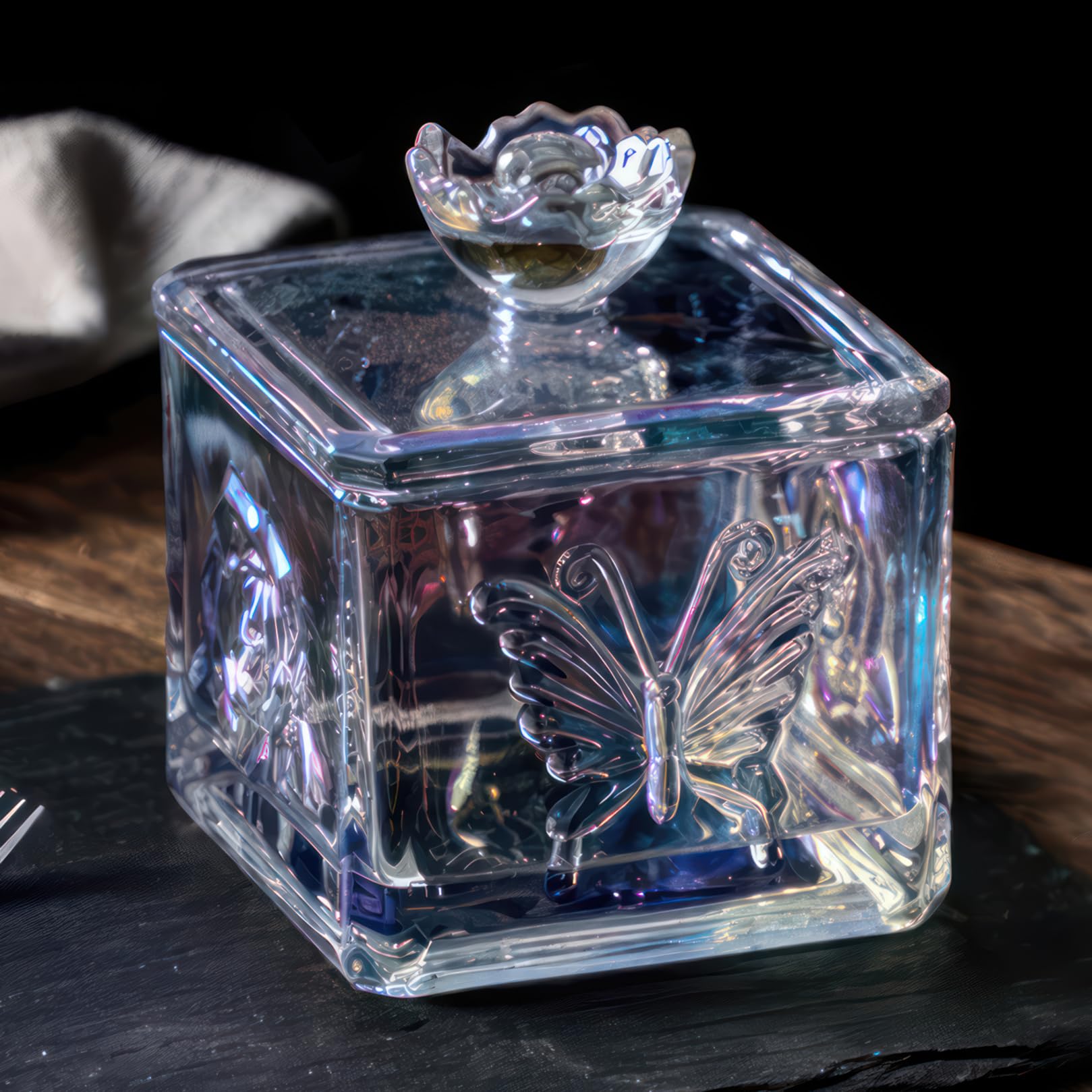 Iridescent Glass Candy Dish with Lid - 14oz Clear Embossed Candy Jar for Office & Home Decor - Elegant Candy Bowl for Parties, Weddings & Gifts (Irised Glass)