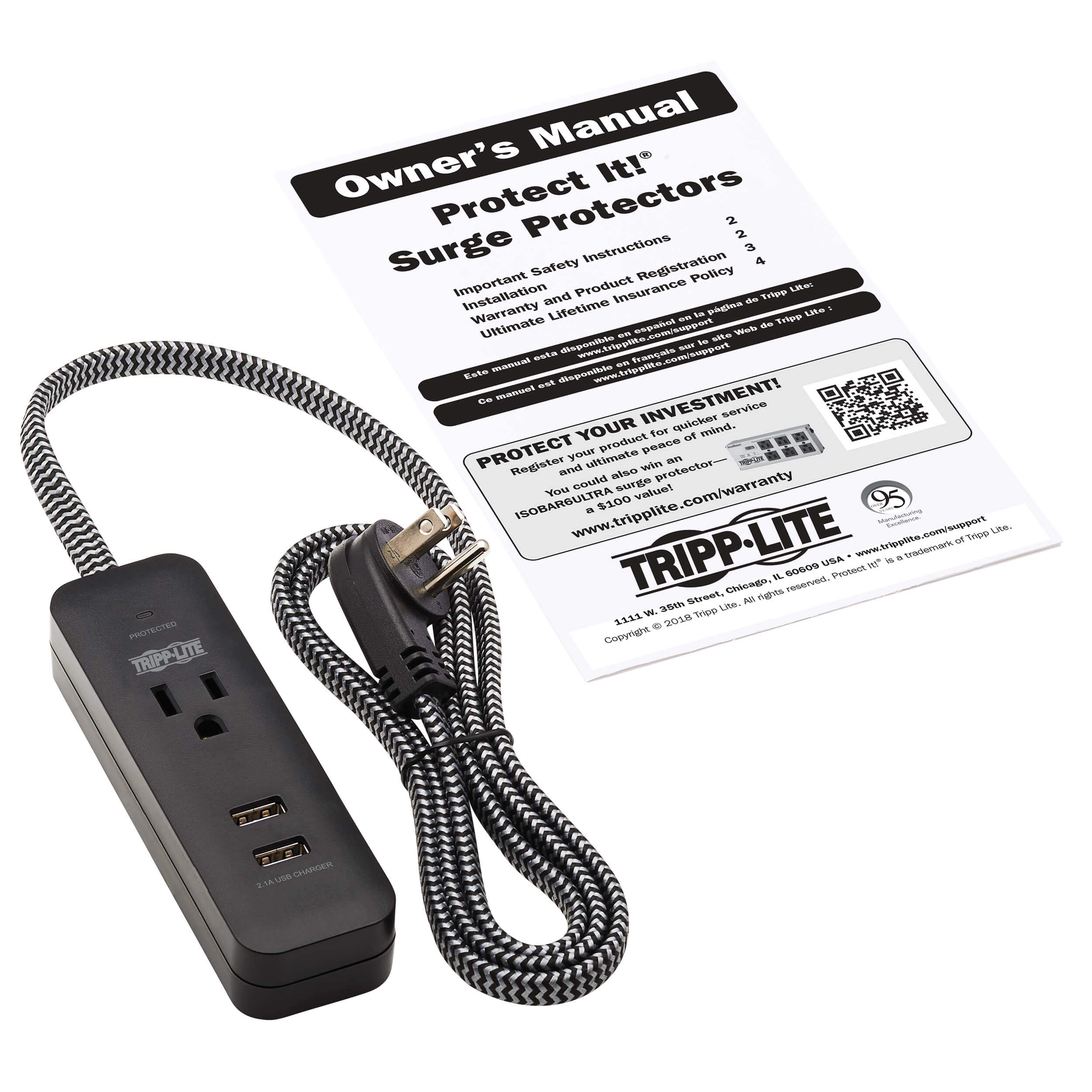 Tripp Lite Surge Protector Power Strip with 2 USB Ports (2.1A) - 1 Outlet, 4ft Cord (TLP104USB) - Perfect for Home Office, Travel & Charging Multiple Devices