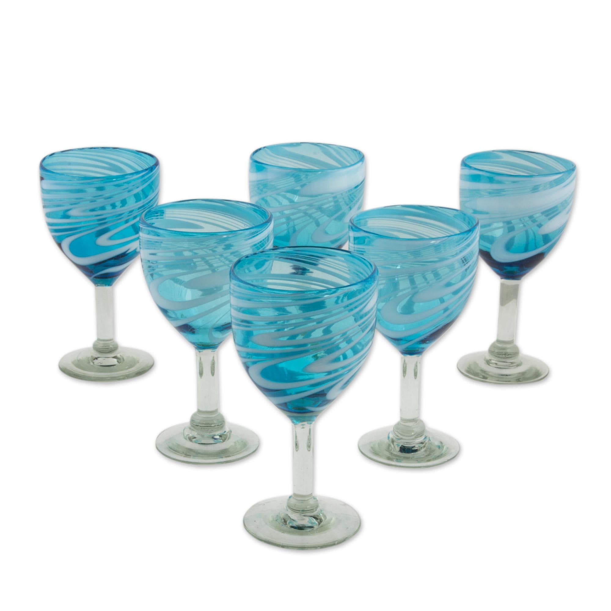 NOVICA Hand Blown Blue Glass Wine Glasses Set of 6 - 12 Oz Large 'Whirling Aquamarine' - Perfect for Dinner Parties, Wedding Gifts & Home Decor